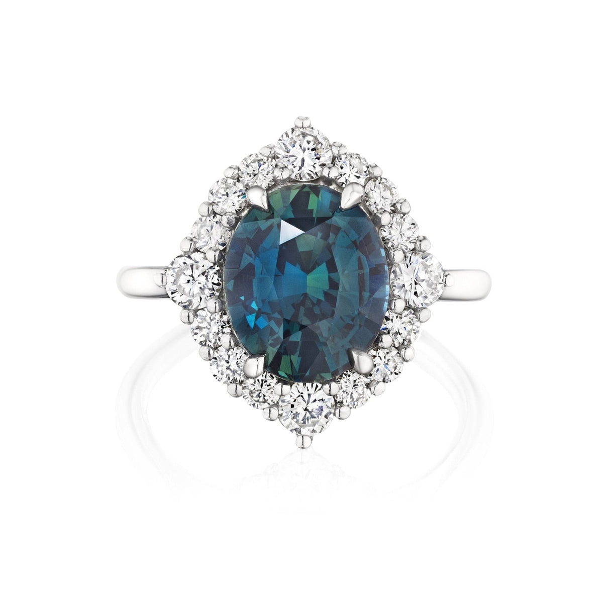 Teal Oval Sapphire Engagement Ring with Diamond Halo