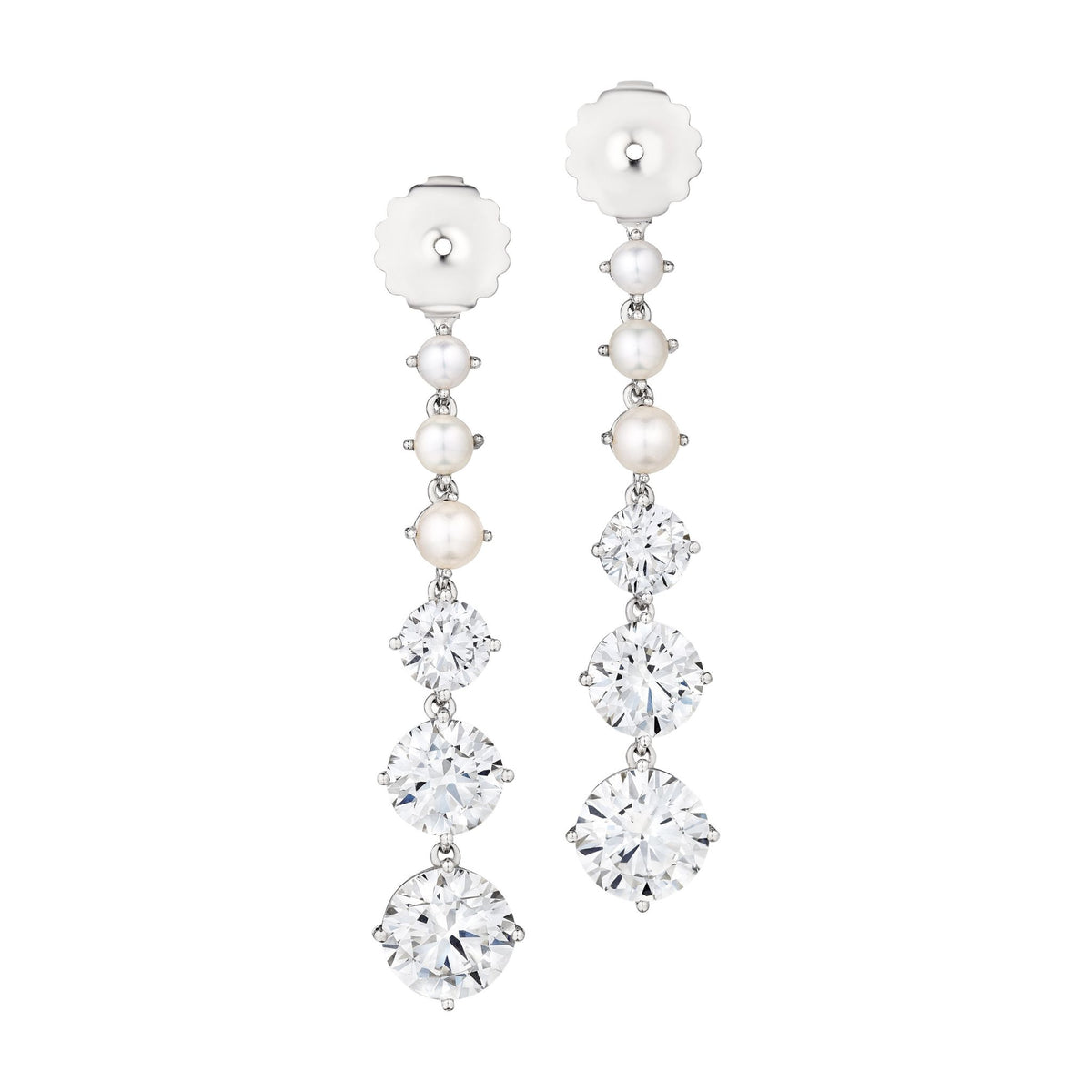 Bespoke Graduated Drop Ear Jackets in White Gold with Pearls and Round Brilliant Diamonds