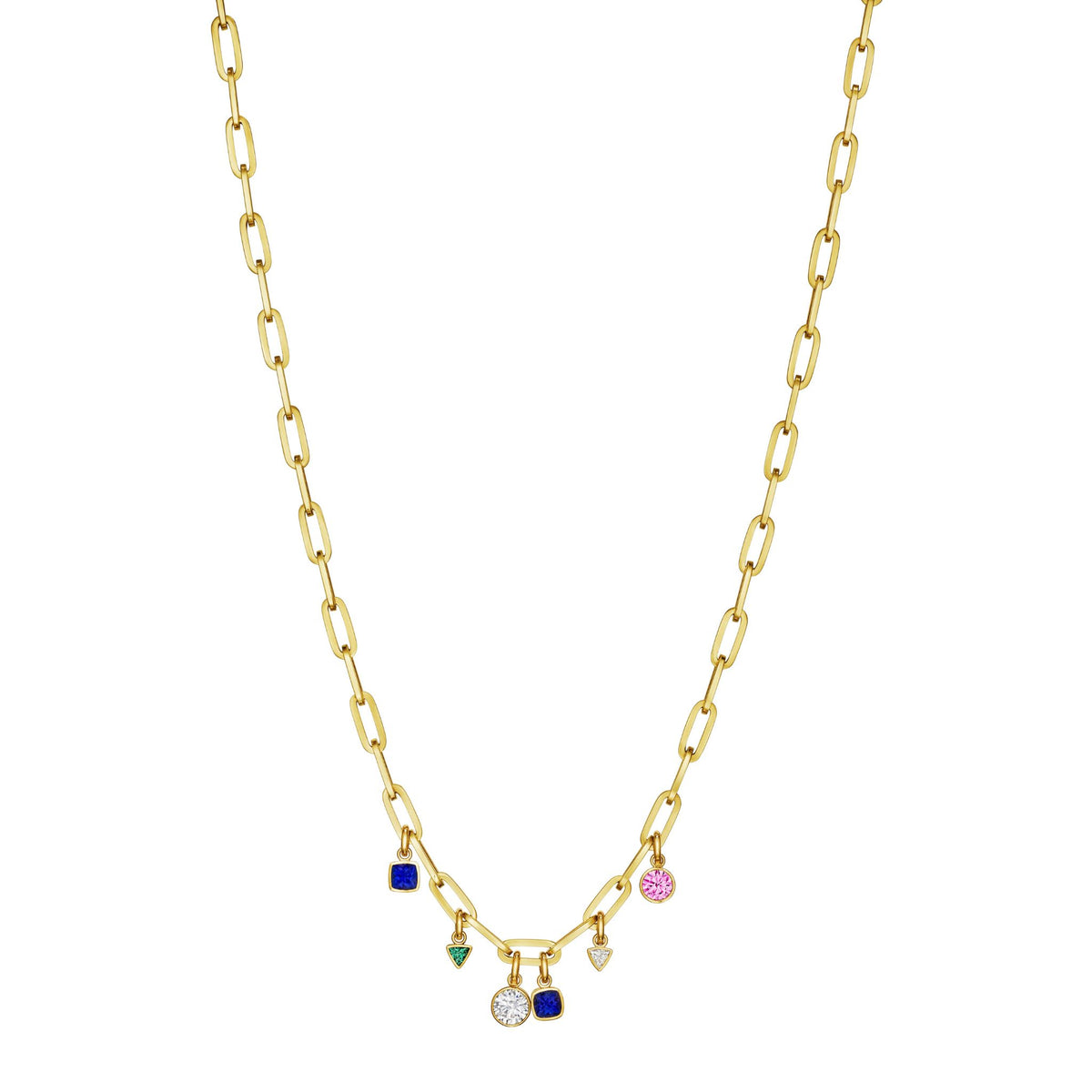 Chain Necklace in Yellow Gold with Bezel Set Mixed Shape Sapphires, Diamonds, and Emeralds