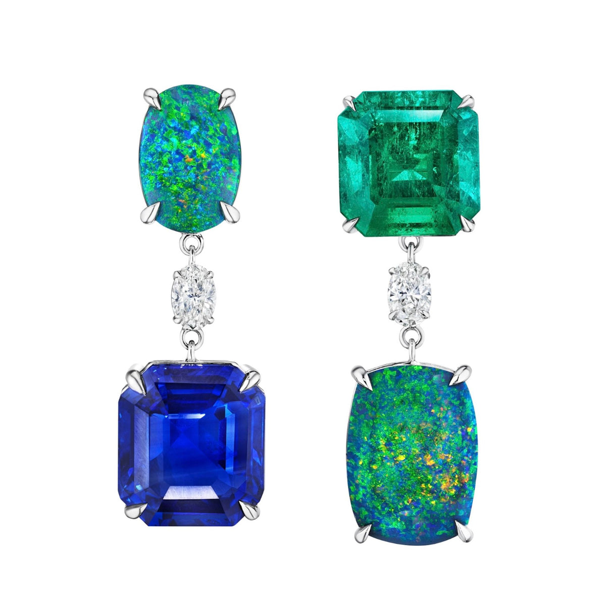 Asscher Cut Sapphire, Emerald, Oval Boulder Opal and Diamond Drop Earrings in White Gold