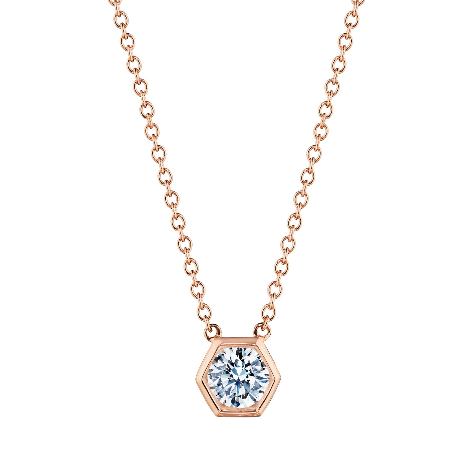 Hexagon Bezel Set Round Brilliant Diamond Pendant Necklace in Rose Gold