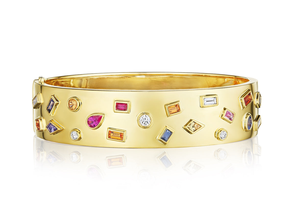 Bespoke Bezel Set Multi Shape Mixed Stone Bangle in Yellow Gold