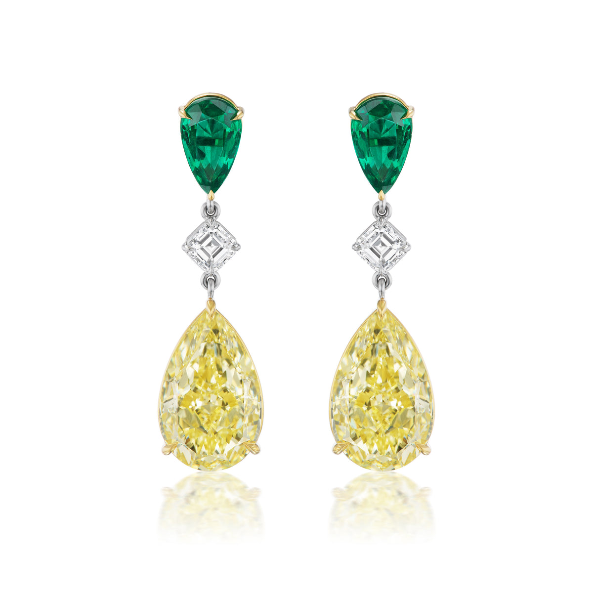 Drop Earrings in Yellow Gold with Pear Shape Emeralds, Yellow Diamonds, and Asscher Cut Diamonds