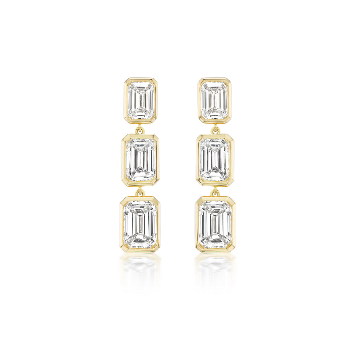 Bezel Set Emerald Cut Diamond Drop Earrings in Yellow Gold