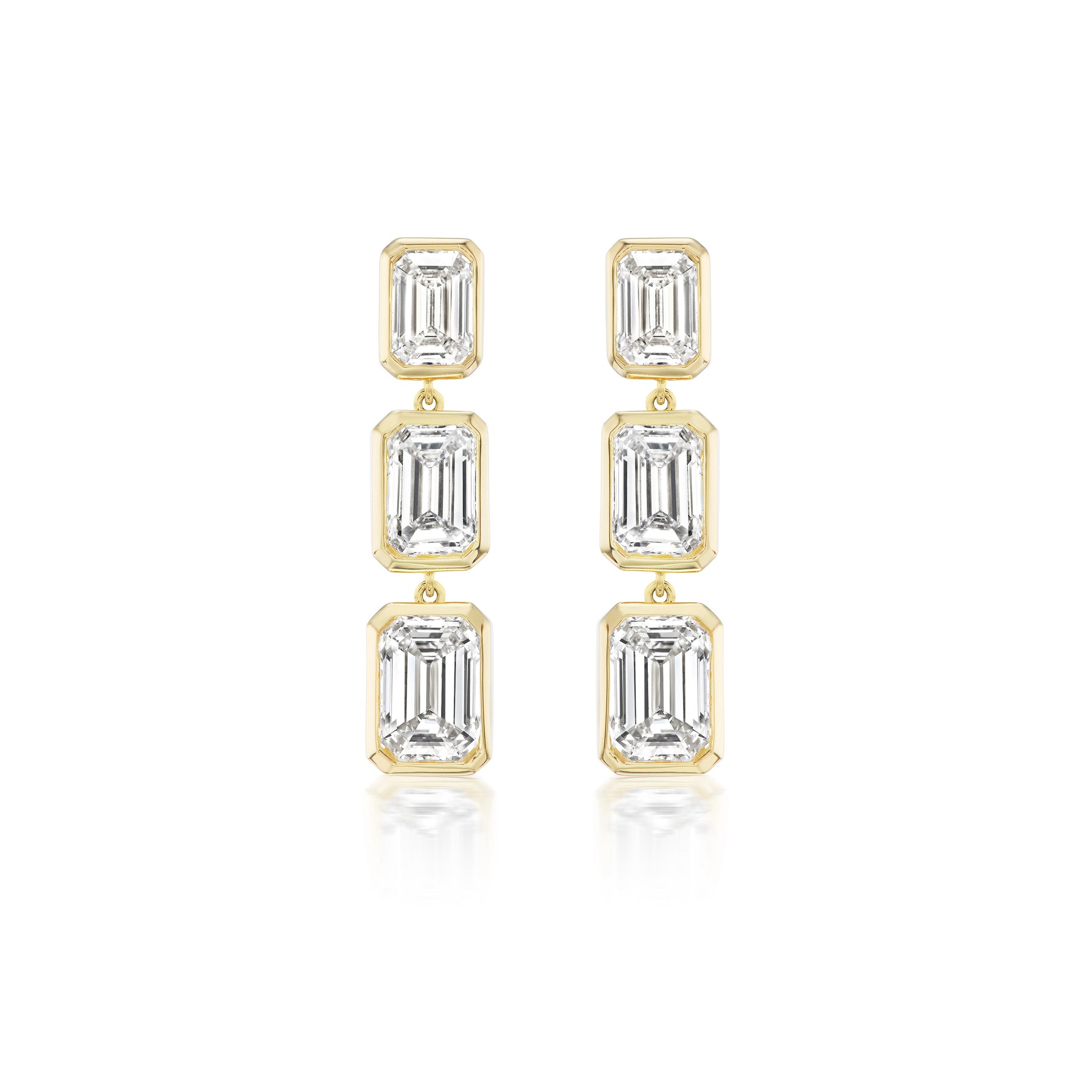 Bezel Set Emerald Cut Diamond Drop Earrings in Yellow Gold