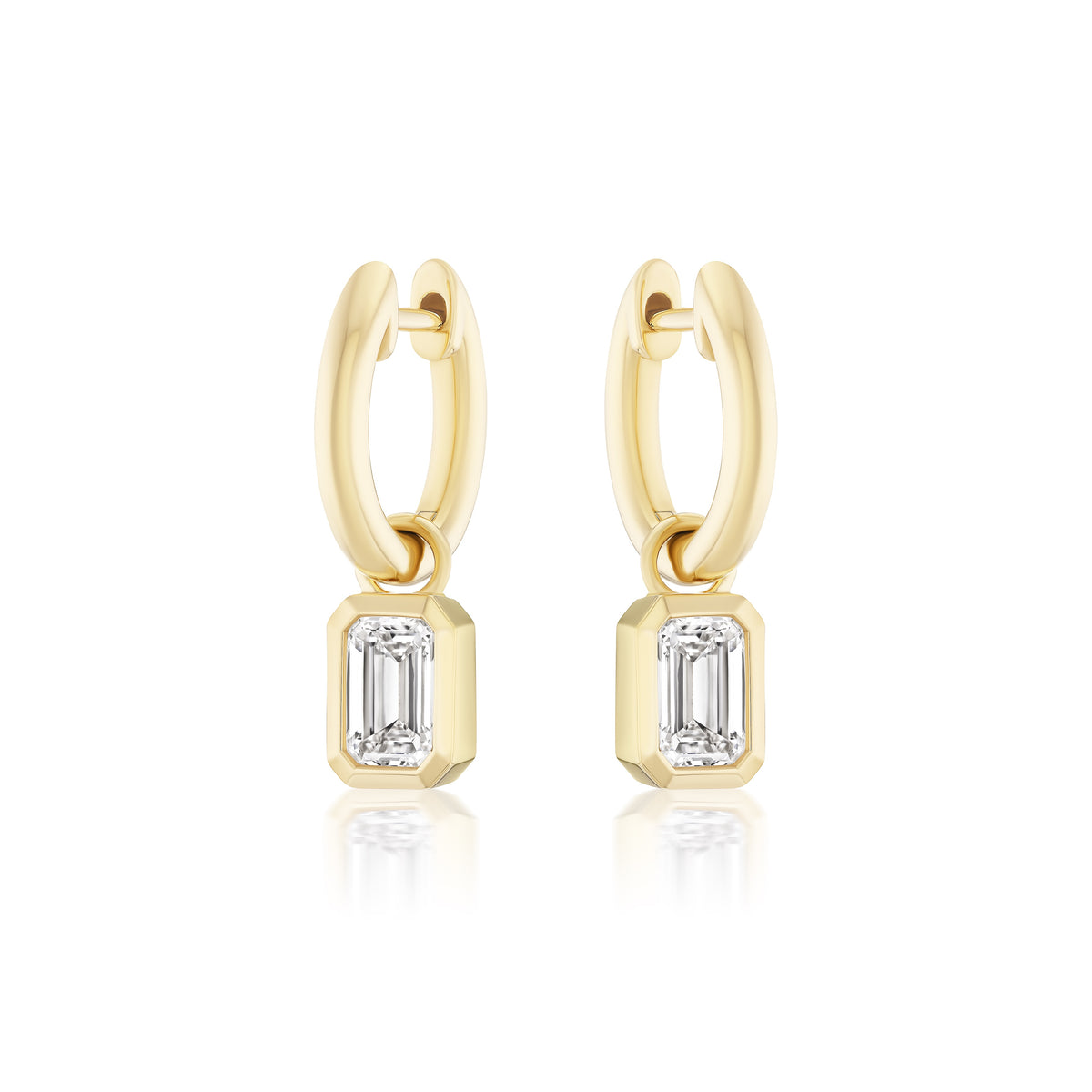 Huggies with Bezel Set Emerald Cut Diamond Charms in Yellow Gold