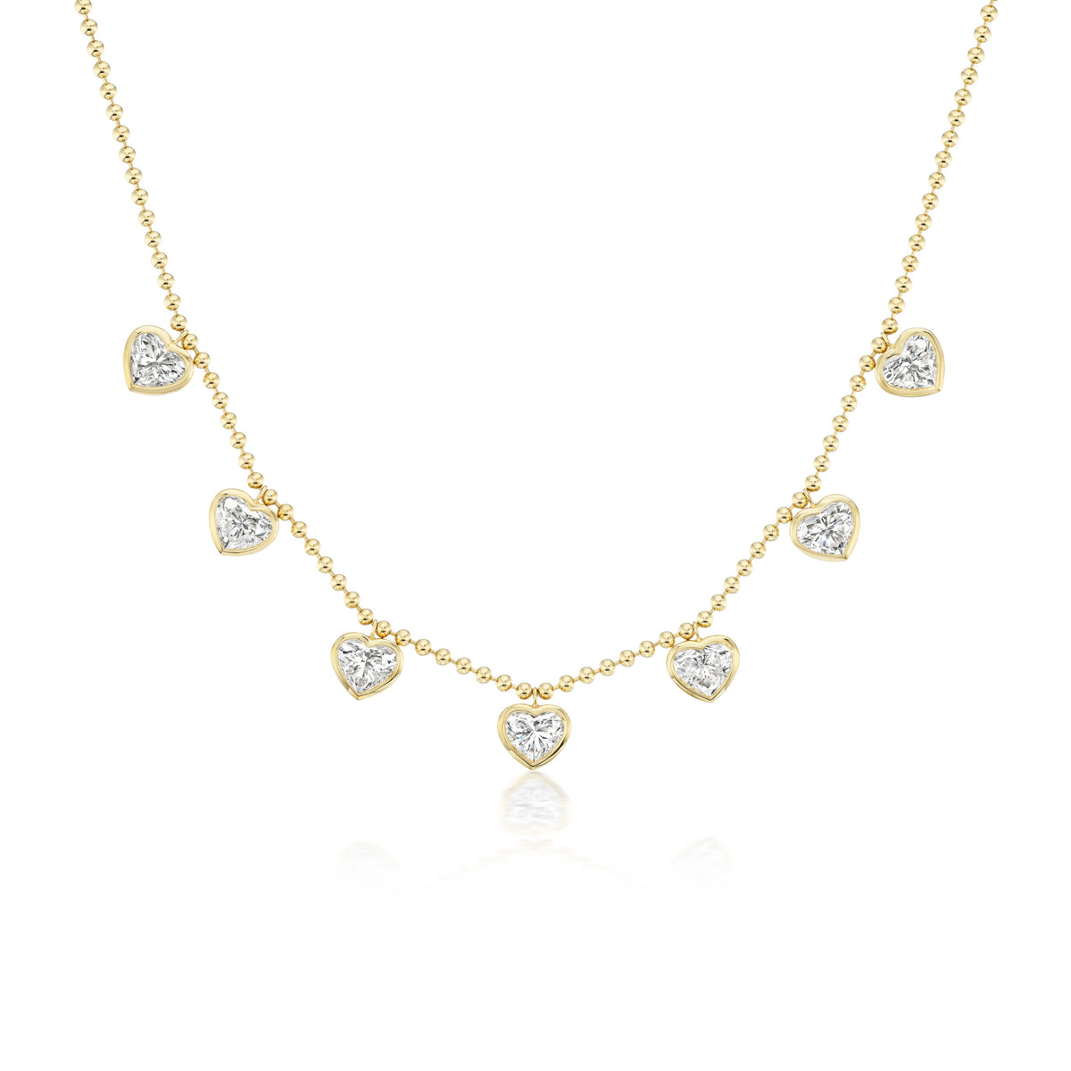 Bezel Set Heart Shape Diamond Station Necklace with Ball Chain in Yellow Gold