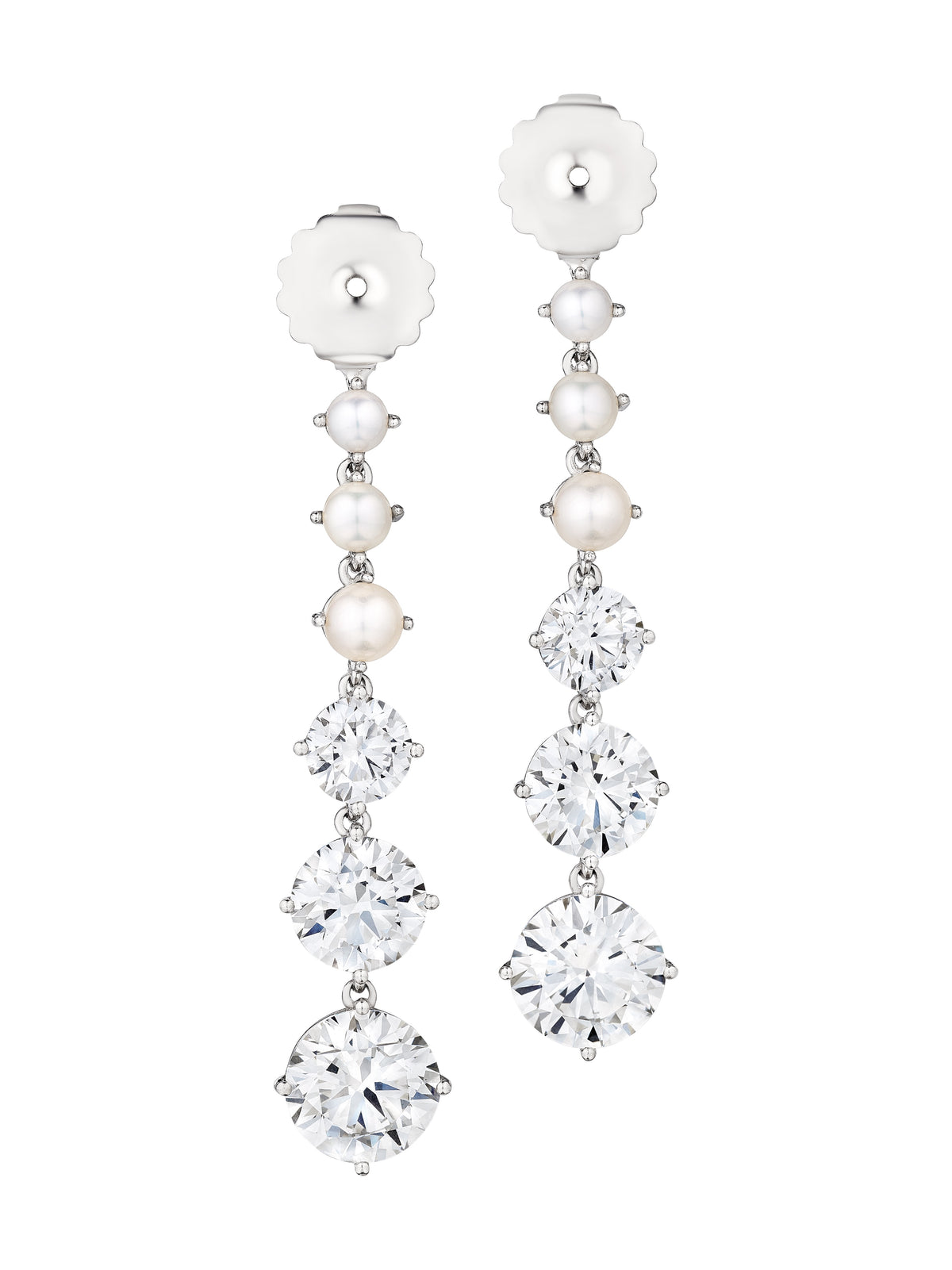Bespoke Graduated Drop Ear Jackets in White Gold with Pearls and Round Brilliant Diamonds