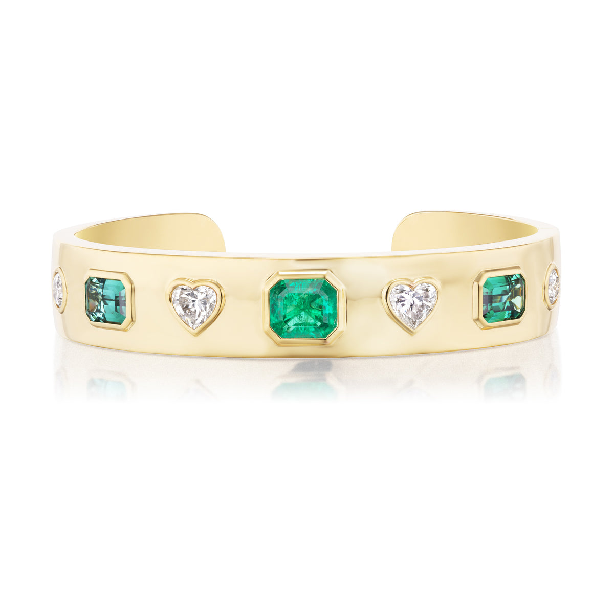 Bezel Set Mixed Shape Diamond and Emerald Bangle in Yellow Gold