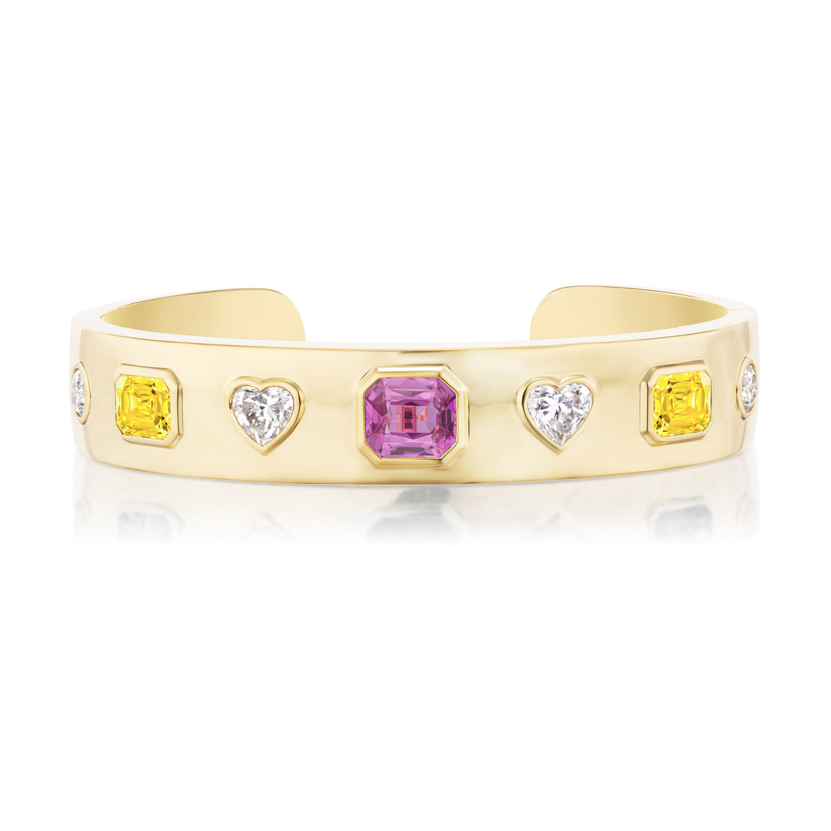 Bezel Set Mixed Shape White, Yellow Diamond, and Sapphire, Bangle in Yellow Gold