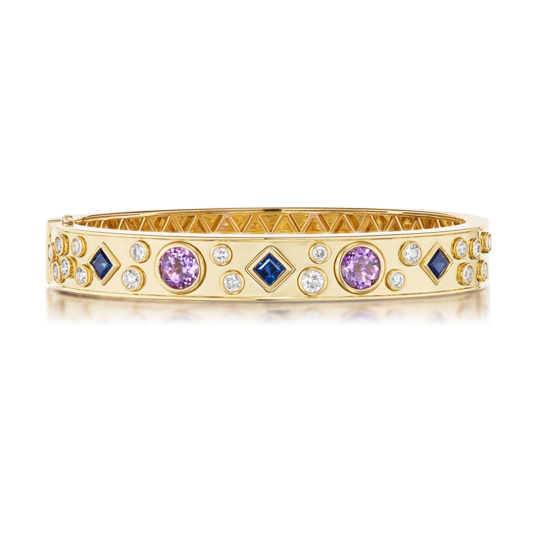 Burnish Set Multicolor, Mixed Shape, Diamond and Sapphire Bangle in Yellow Gold