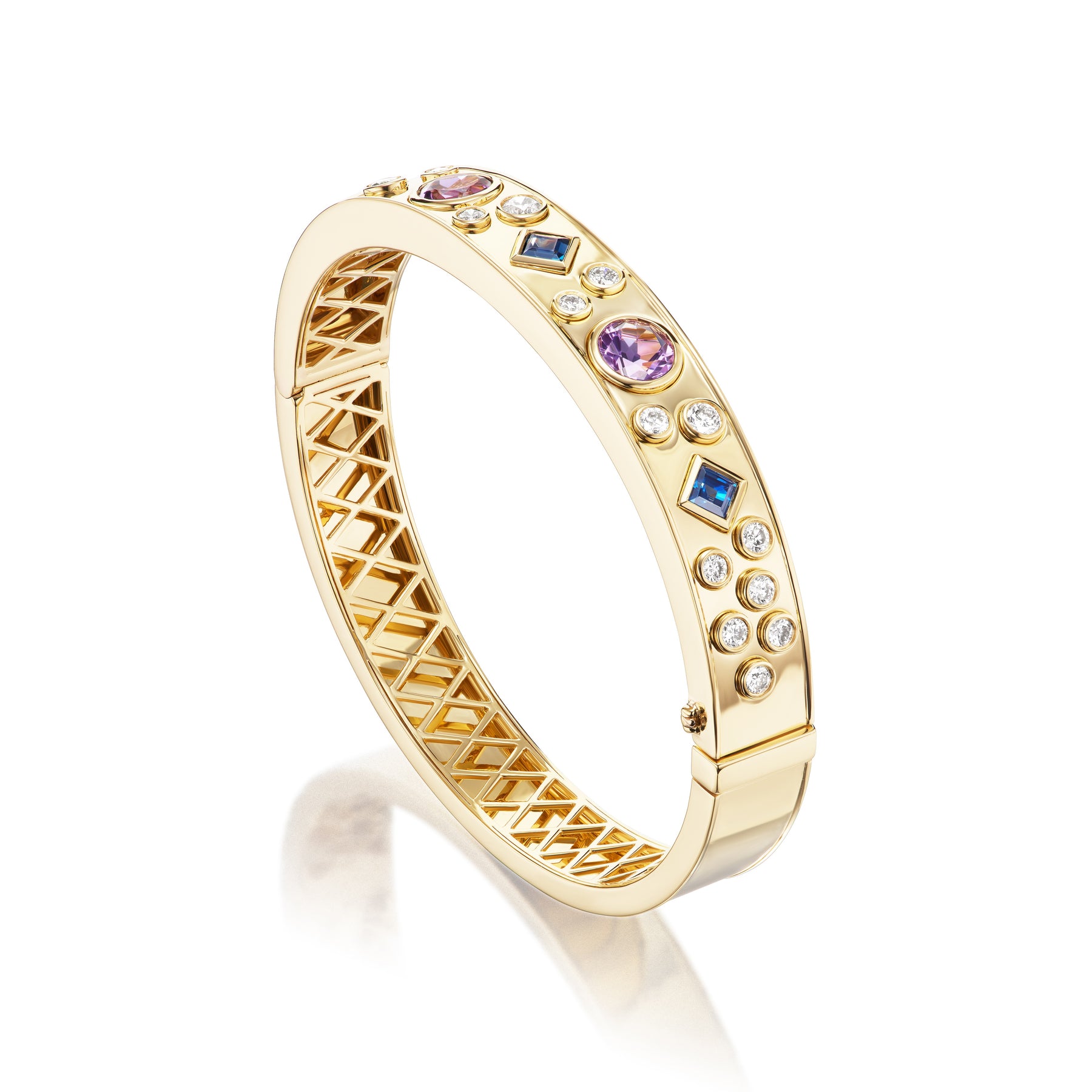 Burnish Set Multicolor, Mixed Shape, Diamond and Sapphire Bangle in Yellow Gold