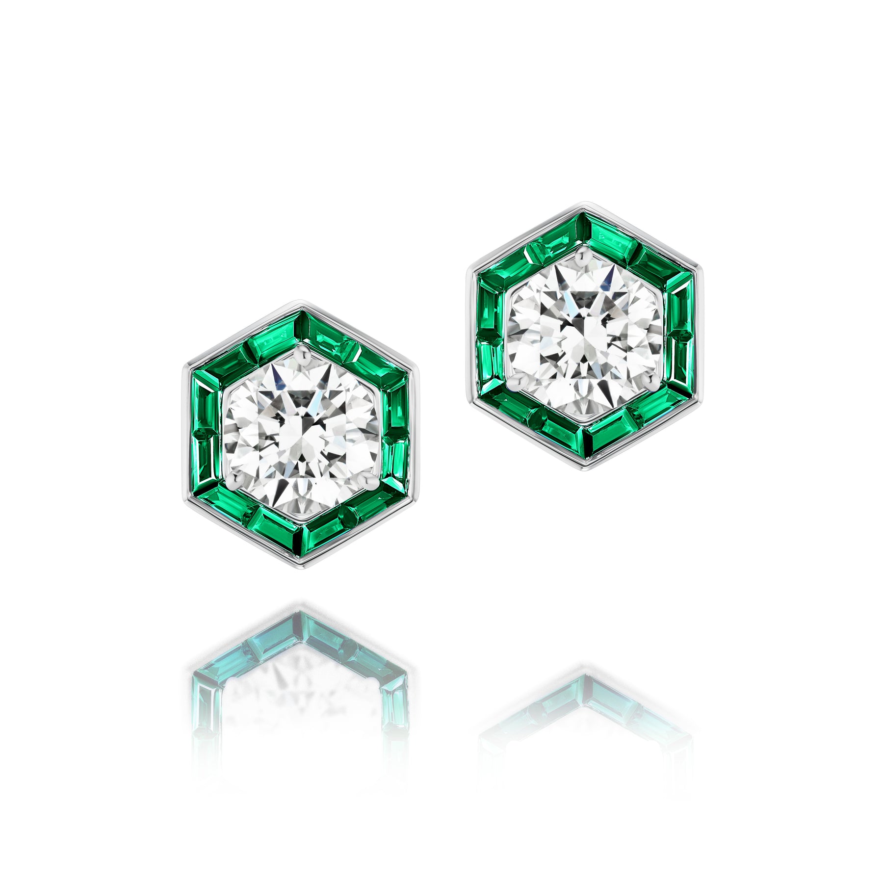 Hexagonal Trapezoid Emerald Stud Ear Jackets in White Gold