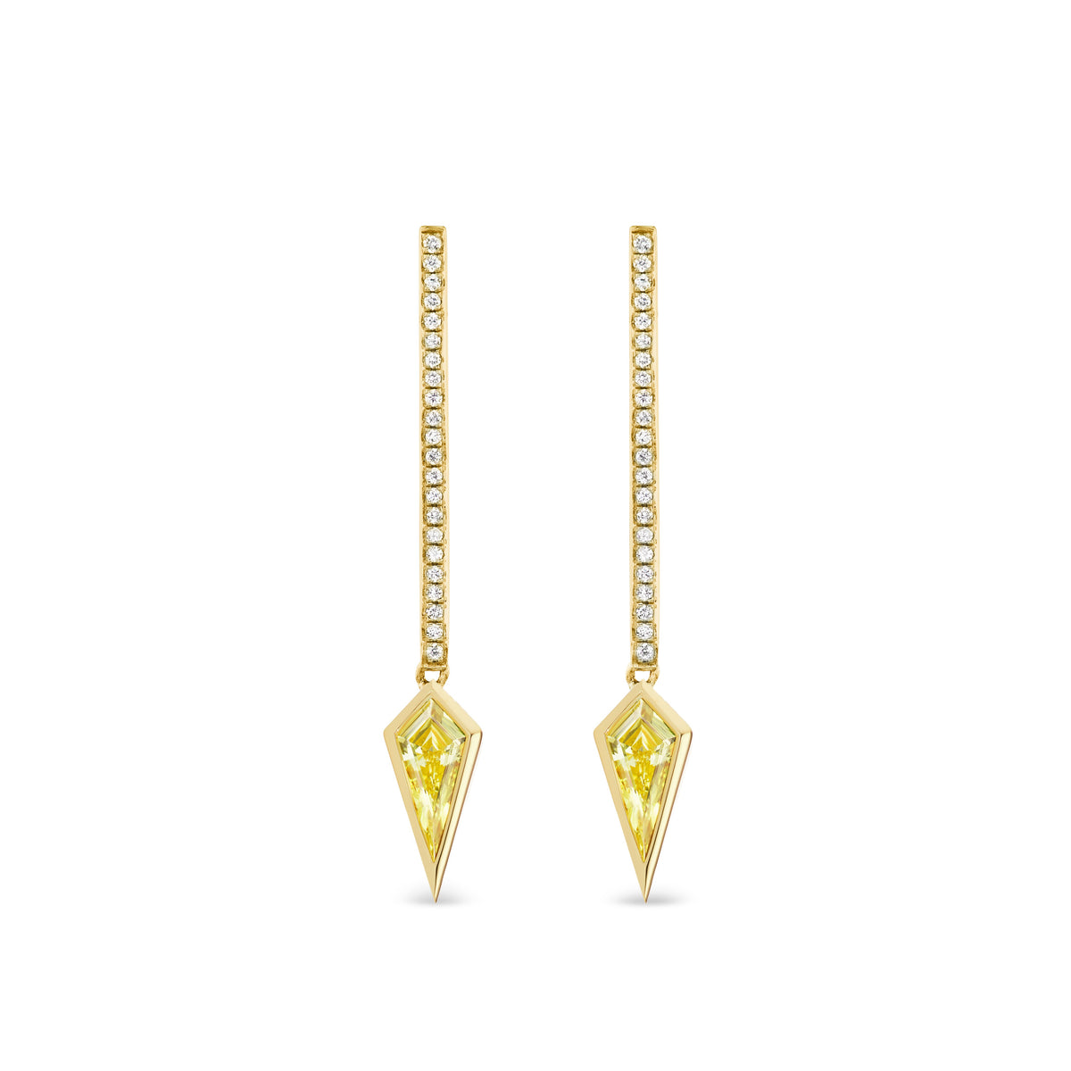 Diamond Pavé Bar Drop Earrings in Yellow Gold with Kite Shape Yellow Diamonds