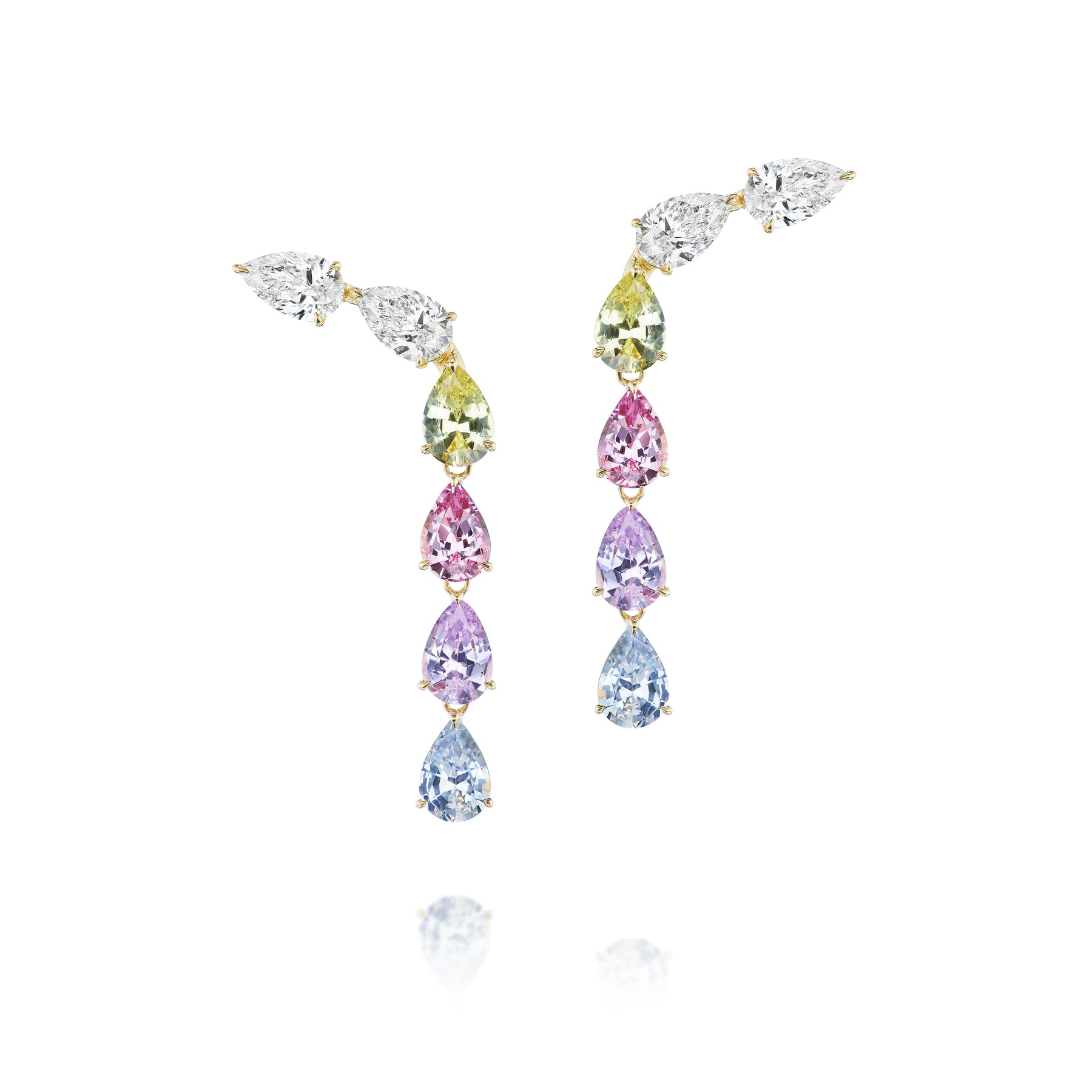 Multicolor Waterfall Earrings with Pear Shape Diamonds and Sapphires