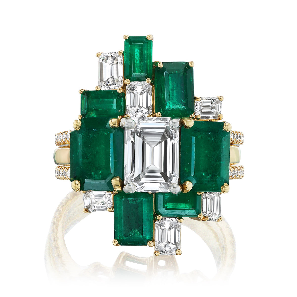 Bespoke Geometric Emerald Cut Emerald and Diamond Ring Jacket in Yellow Gold with Pavé Band