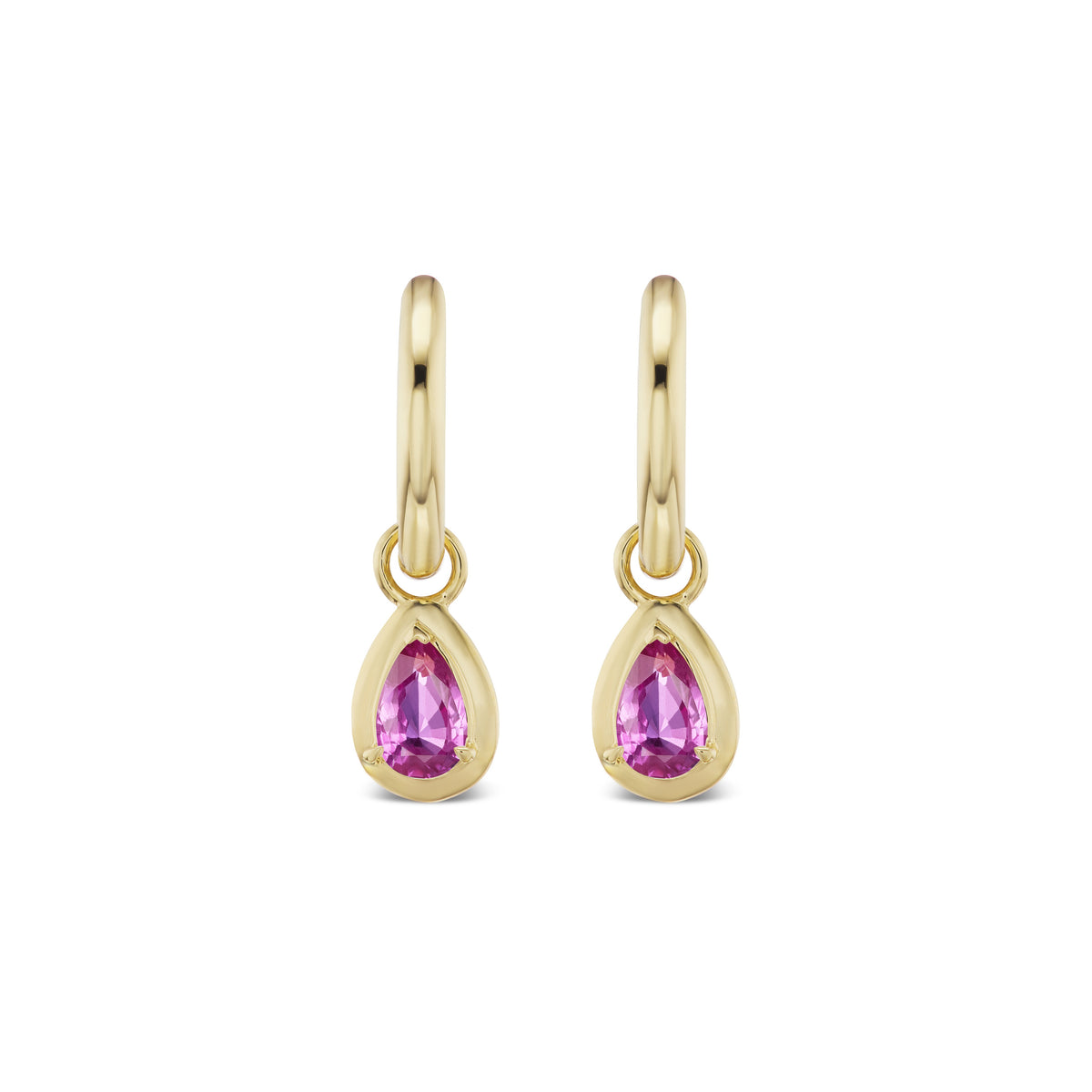 Bezel Set Pear Shape Hot Pink Sapphire Hoops in Yellow Gold