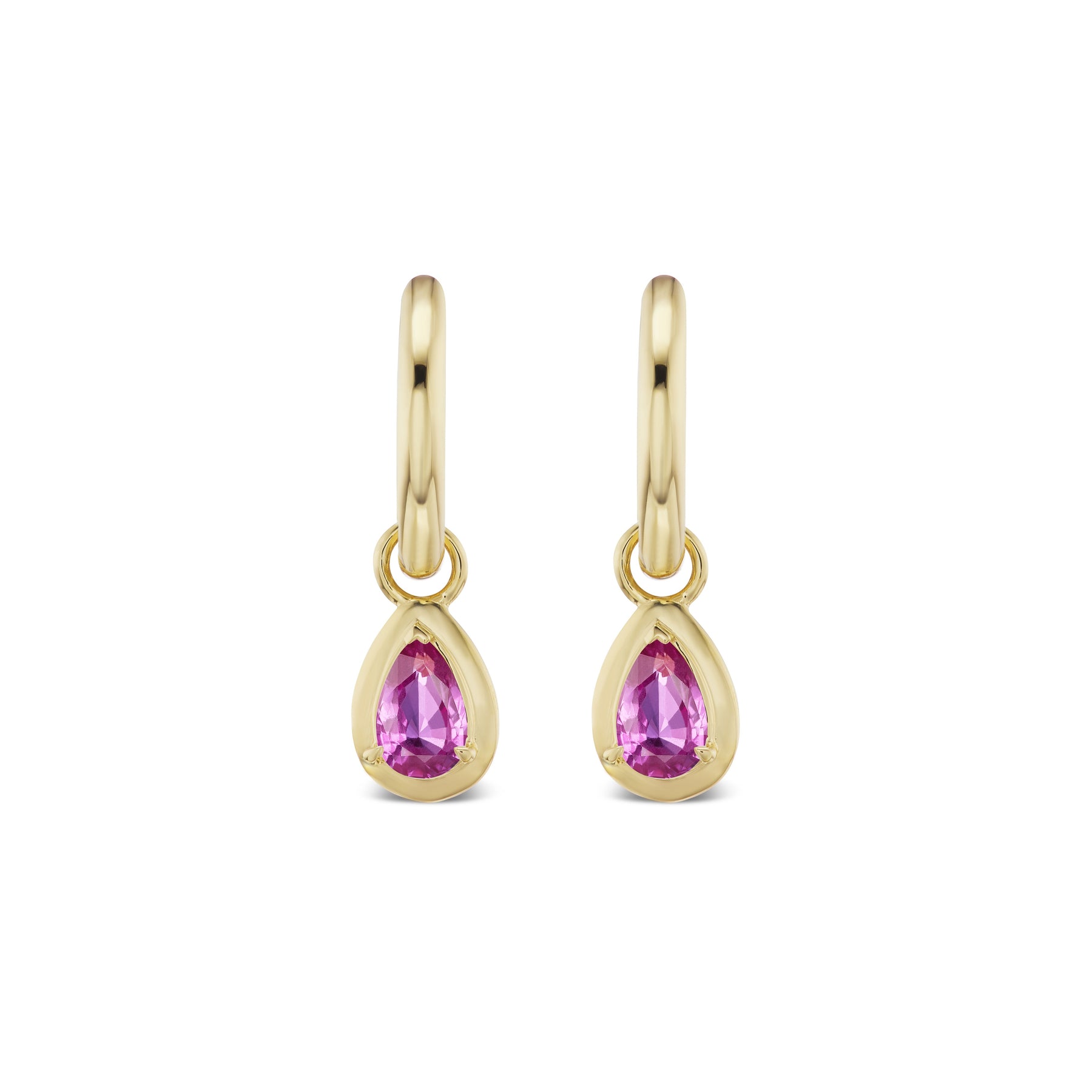 Bezel Set Pear Shape Hot Pink Sapphire Hoops in Yellow Gold