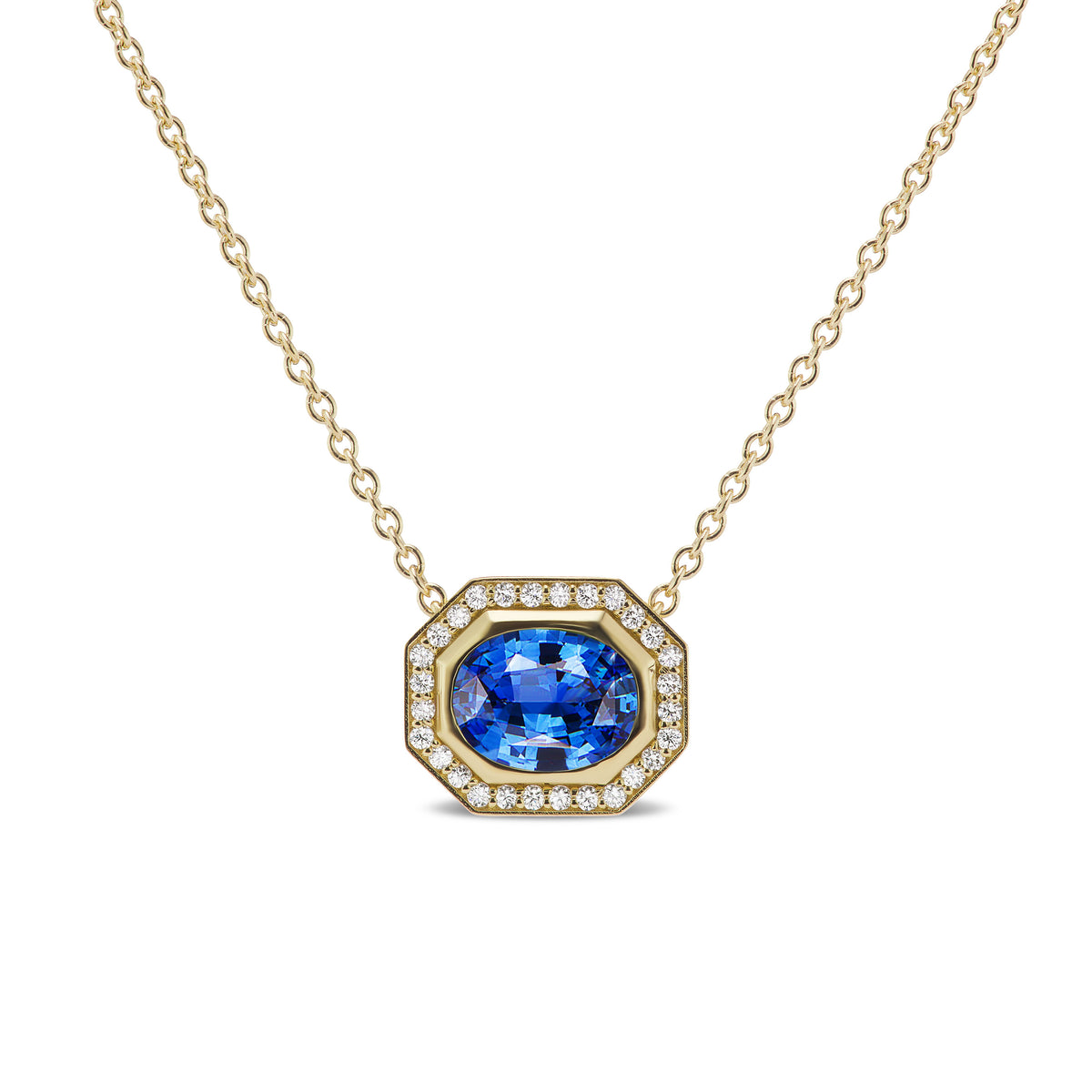 East-West Set Pavé Halo Pendant in Yellow Gold with Oval Sapphire