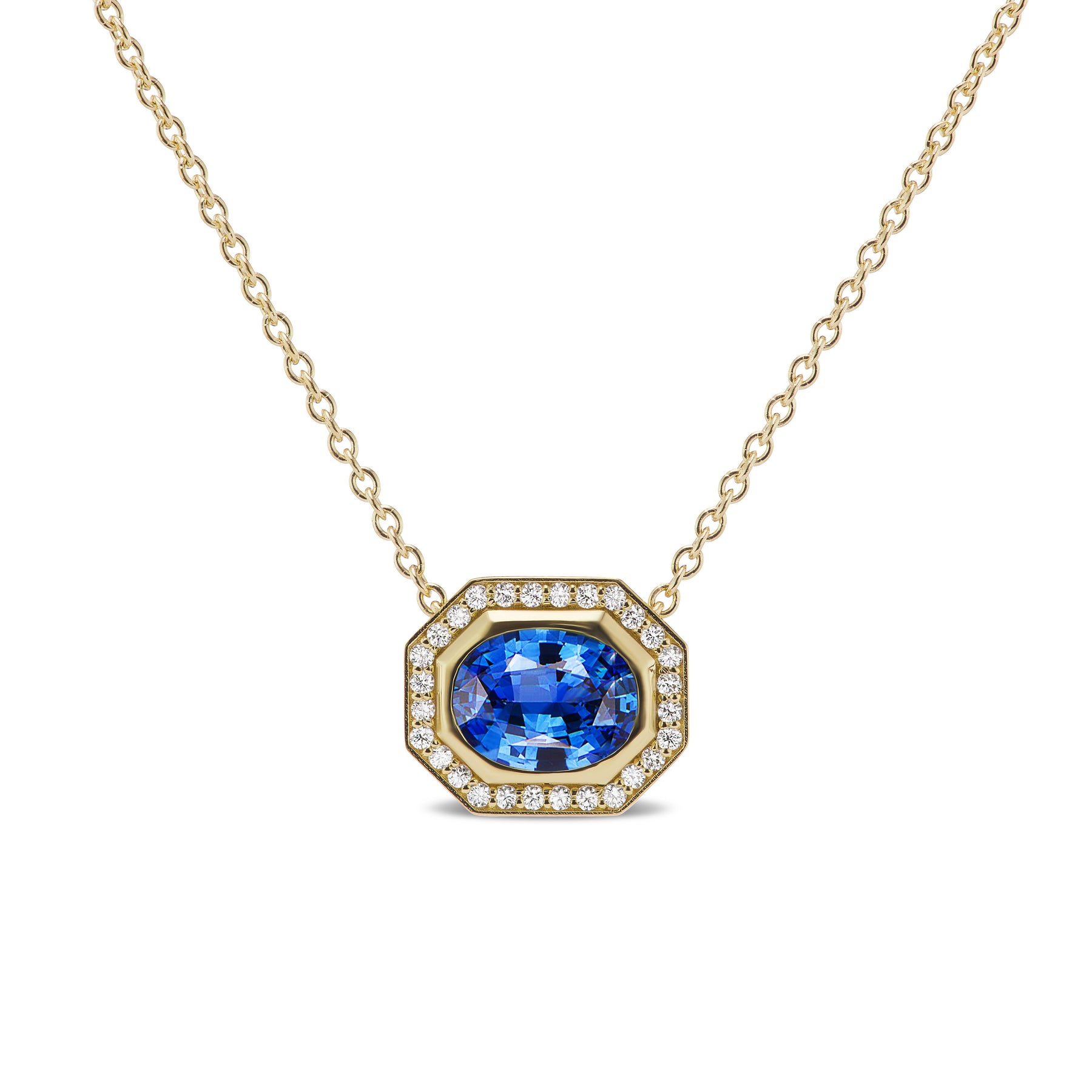 East-West Set Pavé Halo Pendant in Yellow Gold with Oval Sapphire