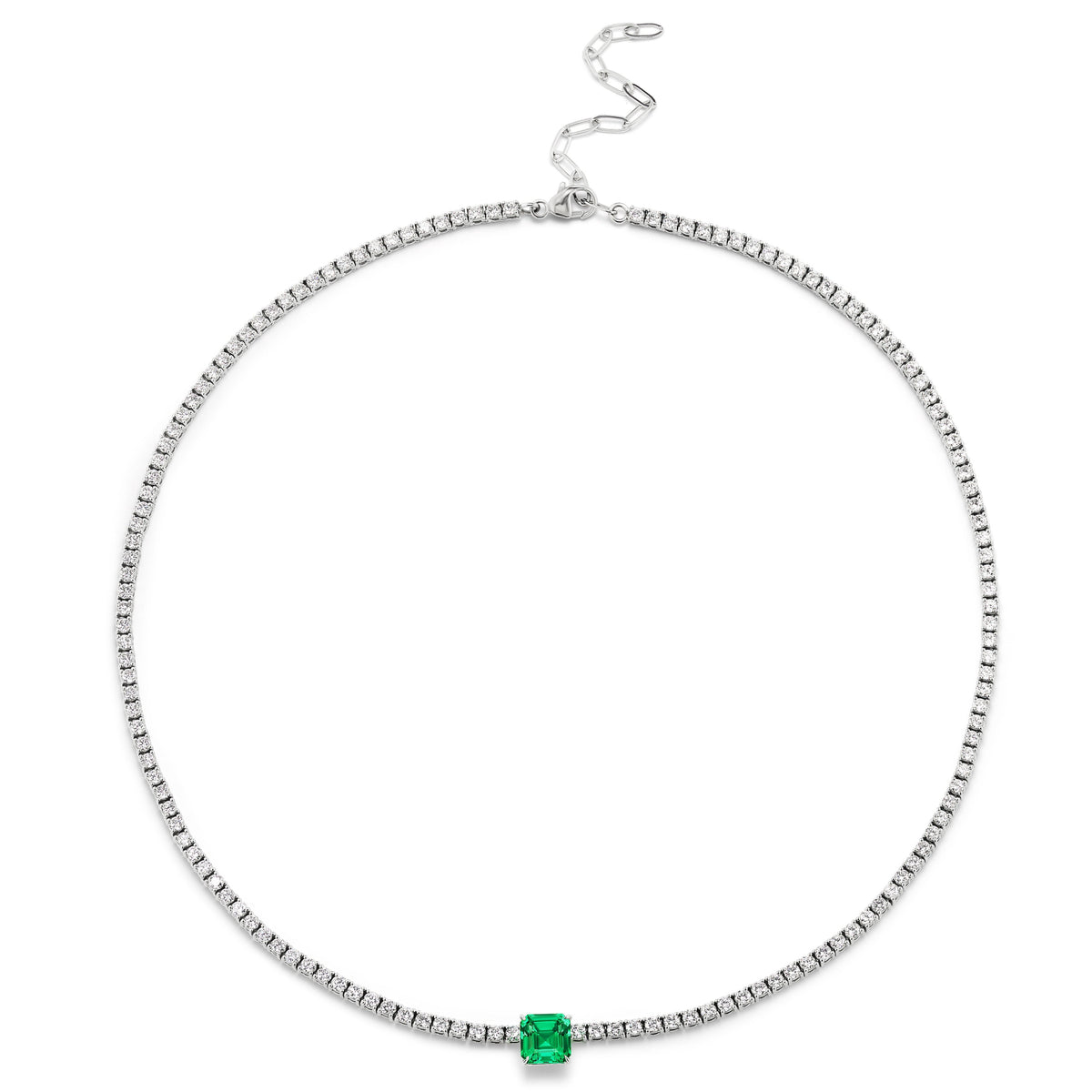 Classic Tennis Necklace with an Asscher Cut Emerald in White Gold
