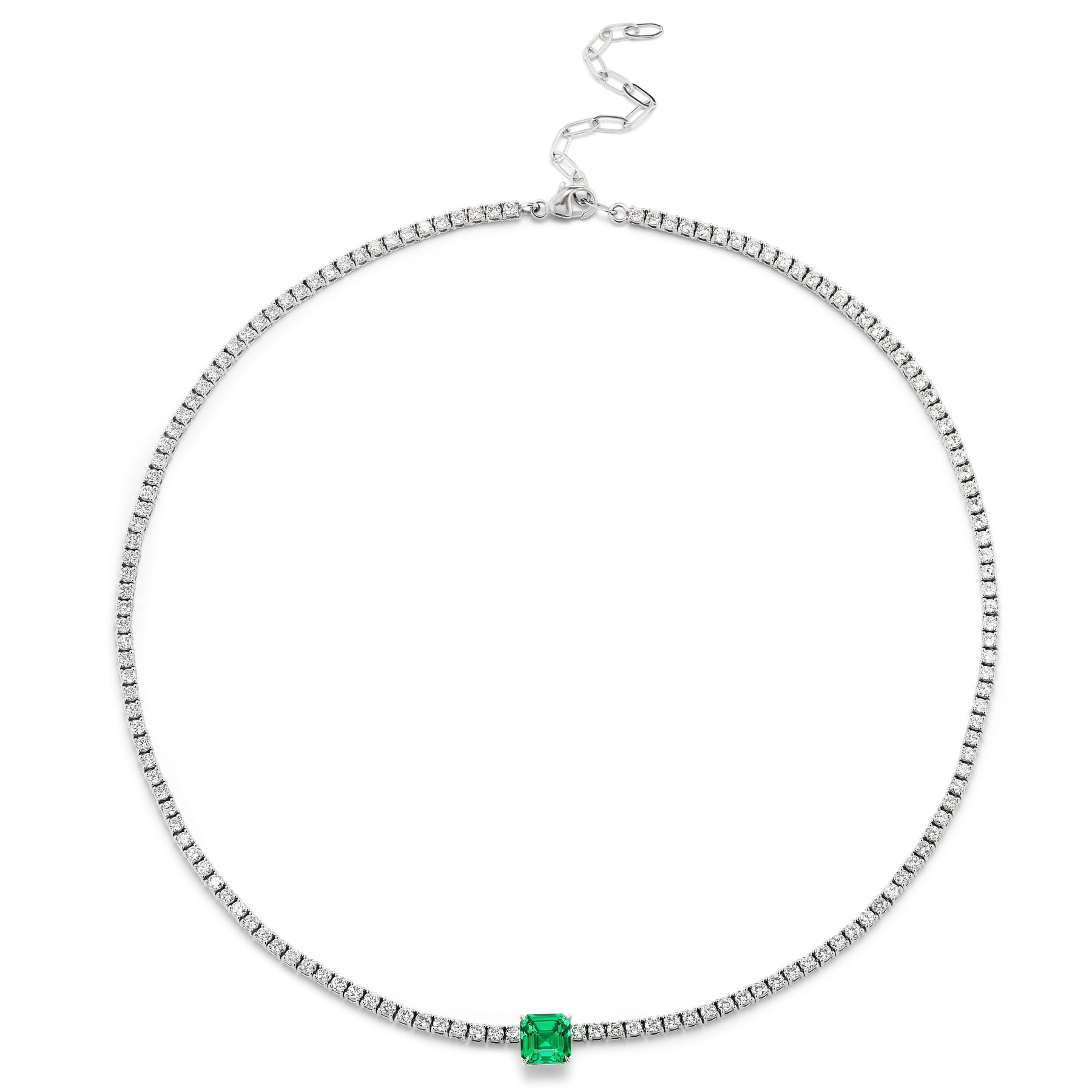 Classic Tennis Necklace with an Asscher Cut Emerald in White Gold