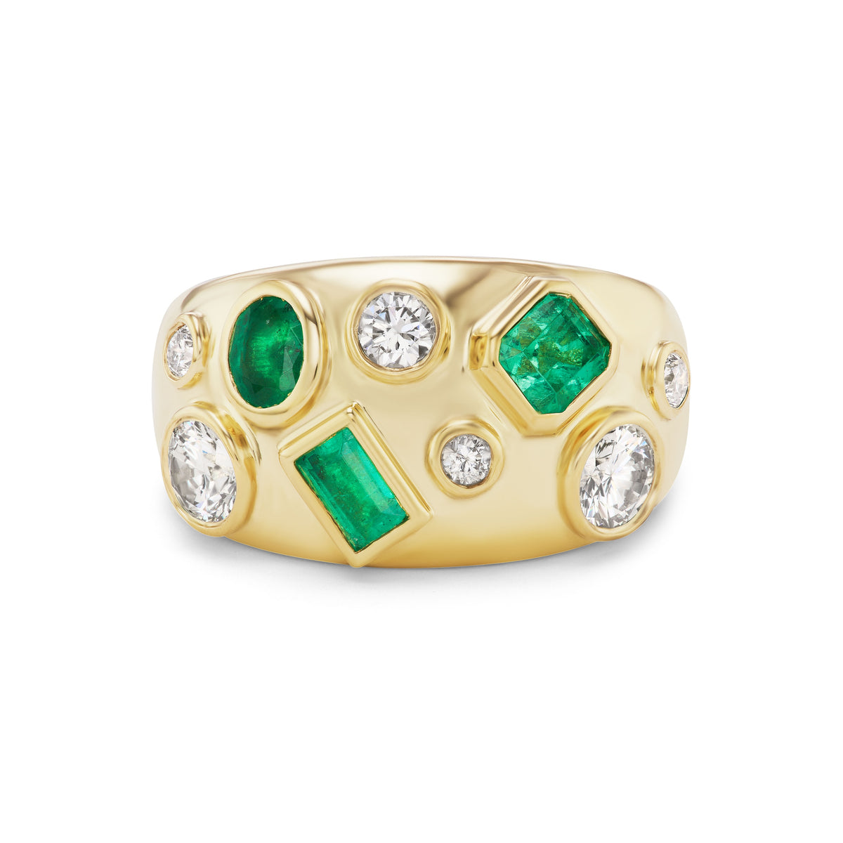 Bespoke Bezel Set Cigar Band in Yellow Gold with Mixed Shape Diamonds and Emeralds