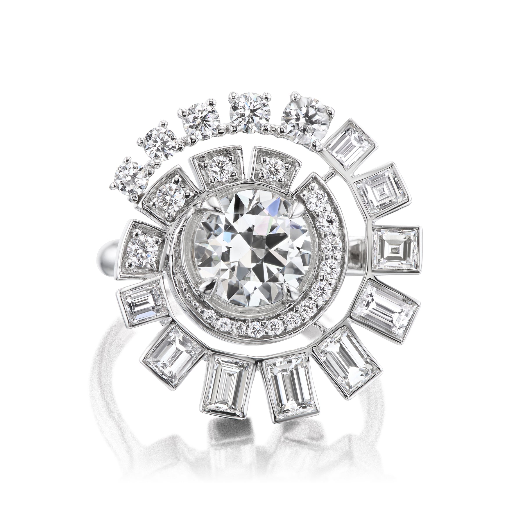 Spiral Ring in White Gold with Round Brilliant and Baguette Diamonds