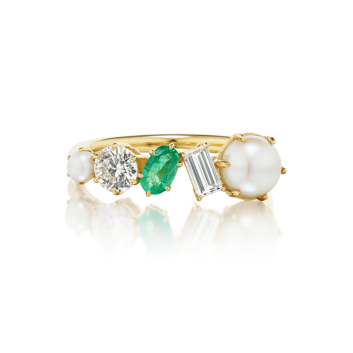 Mixed Shape Pearl, Diamond and Emerald Half-Eternity Band