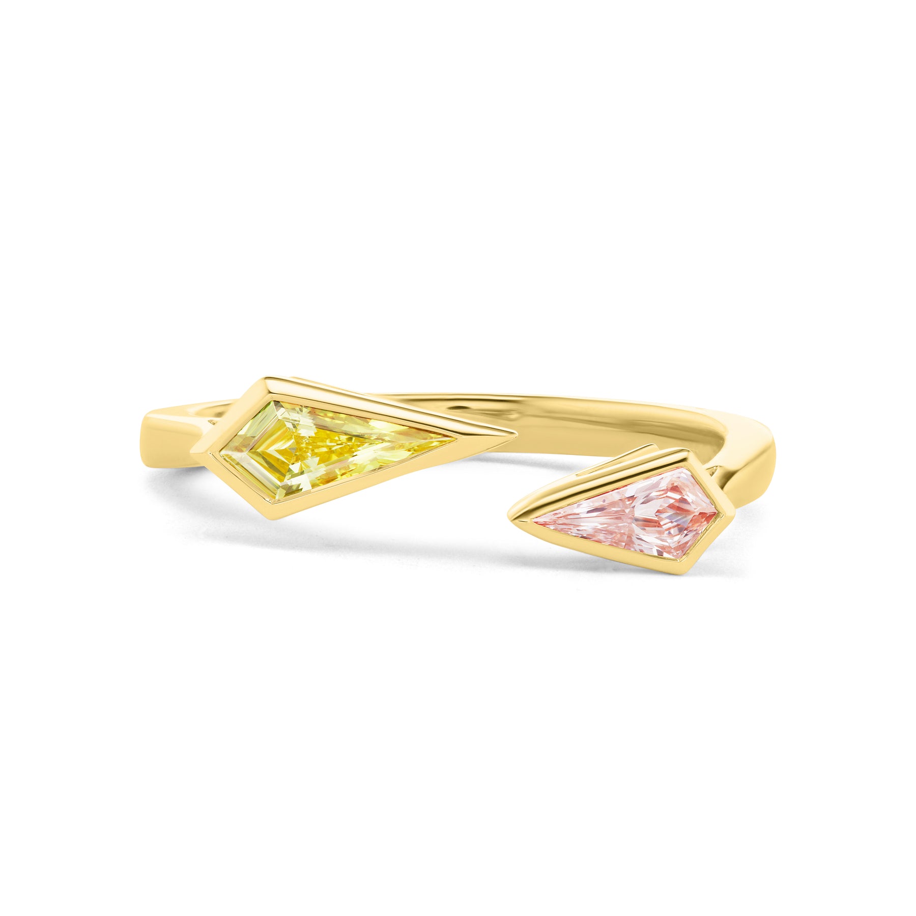 Open Space Ring with Kite Shape Yellow Diamond and Red Sapphire