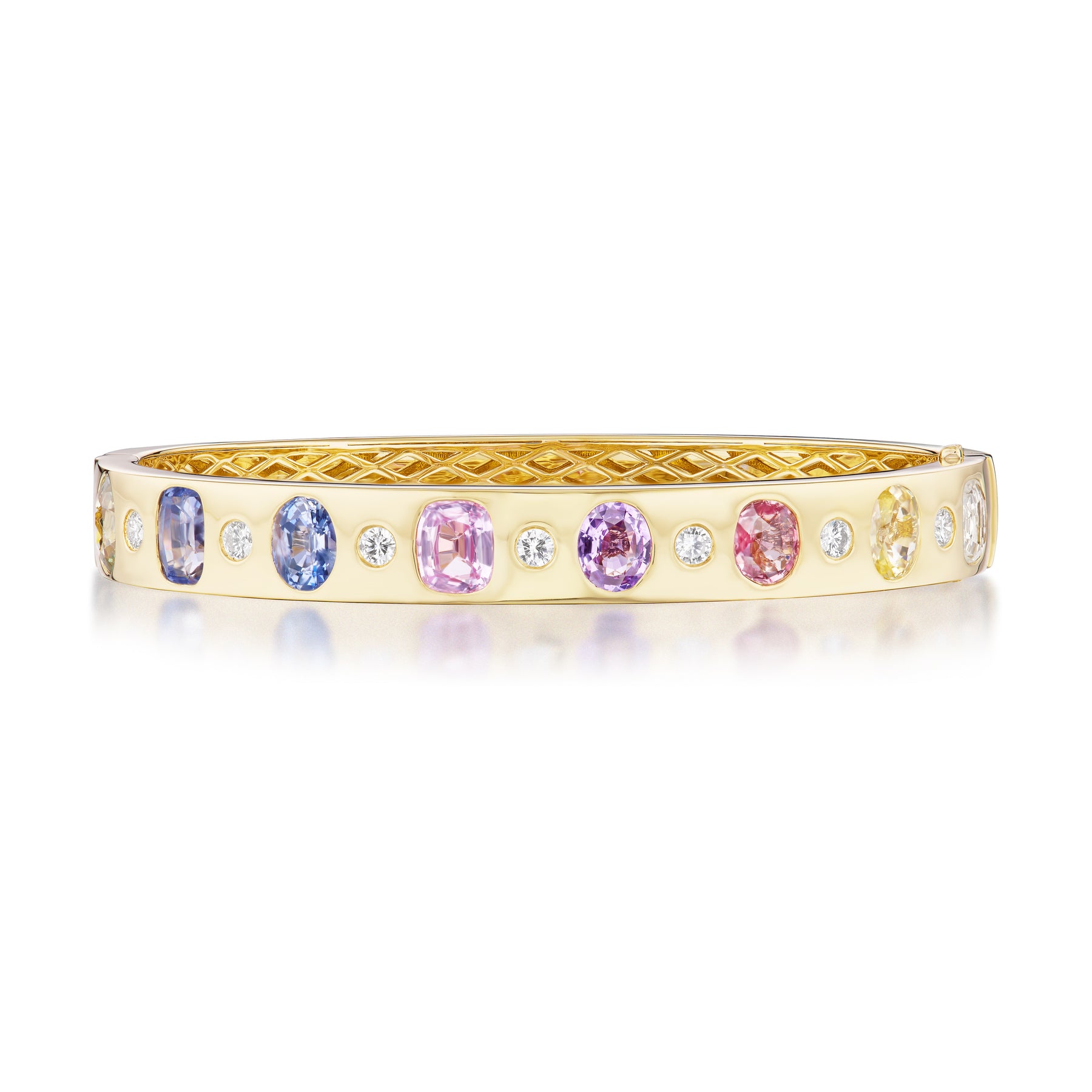 Burnish Set Multicolor, Mixed Shape, Diamond and Sapphire Bangle in Yellow Gold