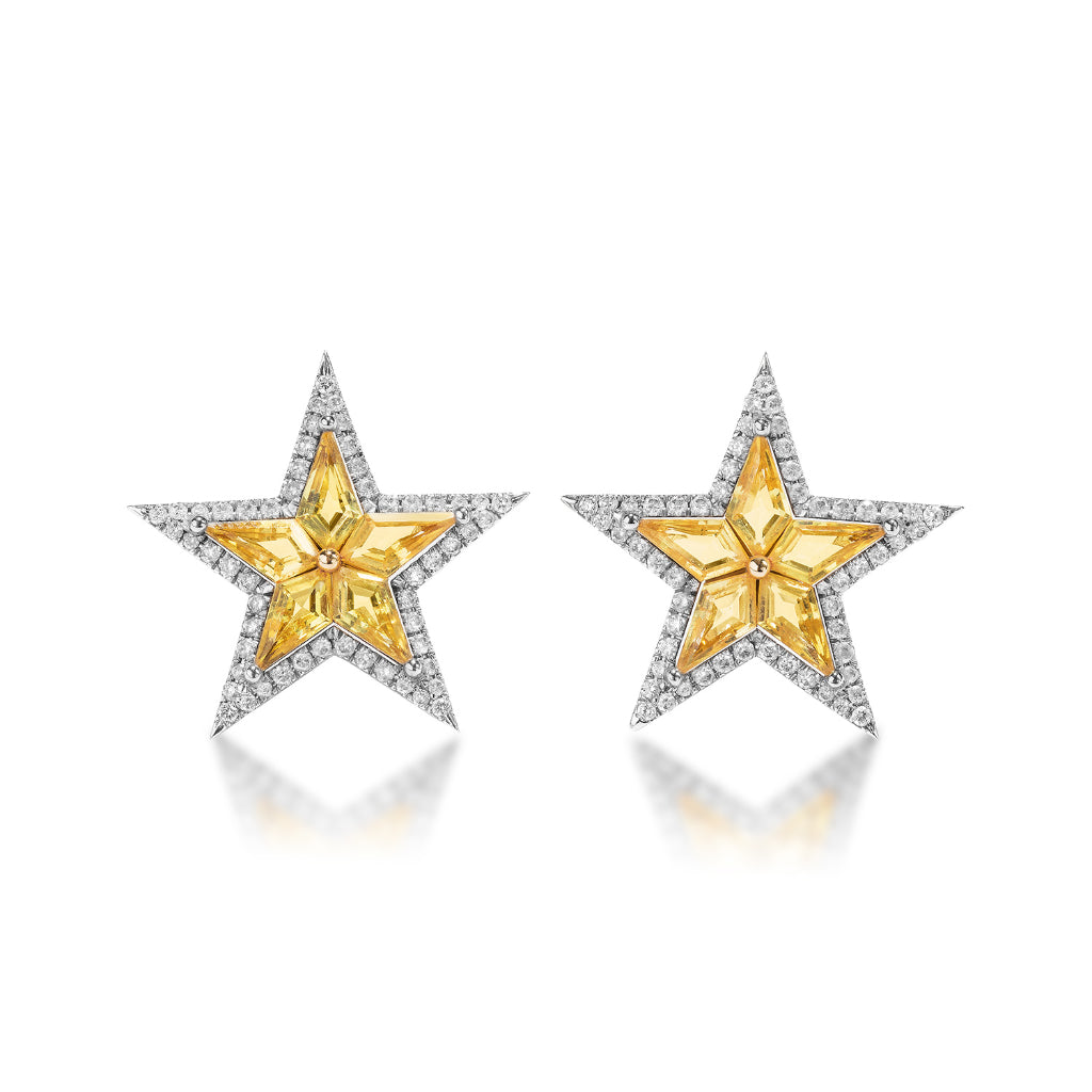 Celestial Star Studs in White Gold with Diamond Pavé and Yellow Kite Sapphires