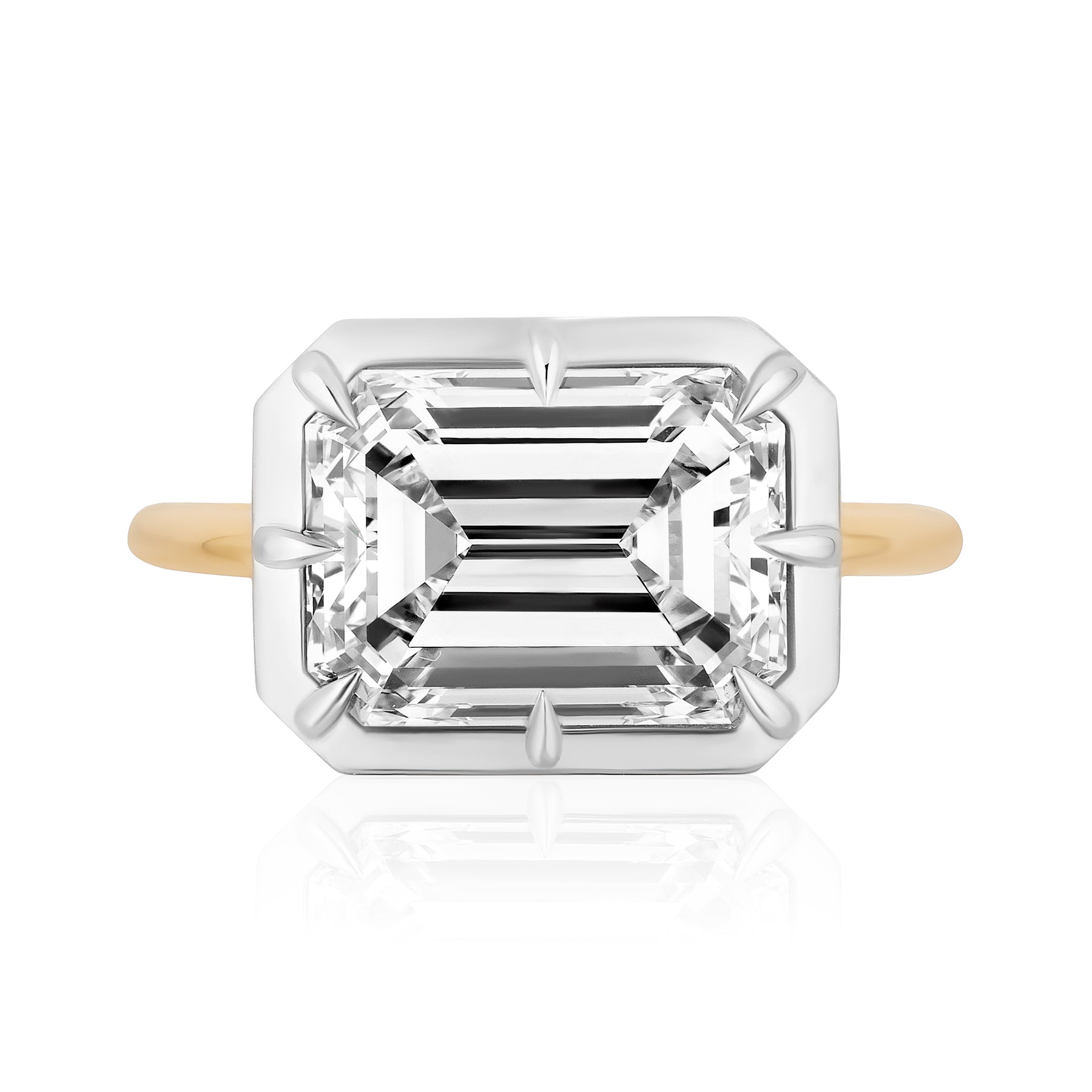 East-West Collet Setting Emerald Cut Diamond Engagement Ring
