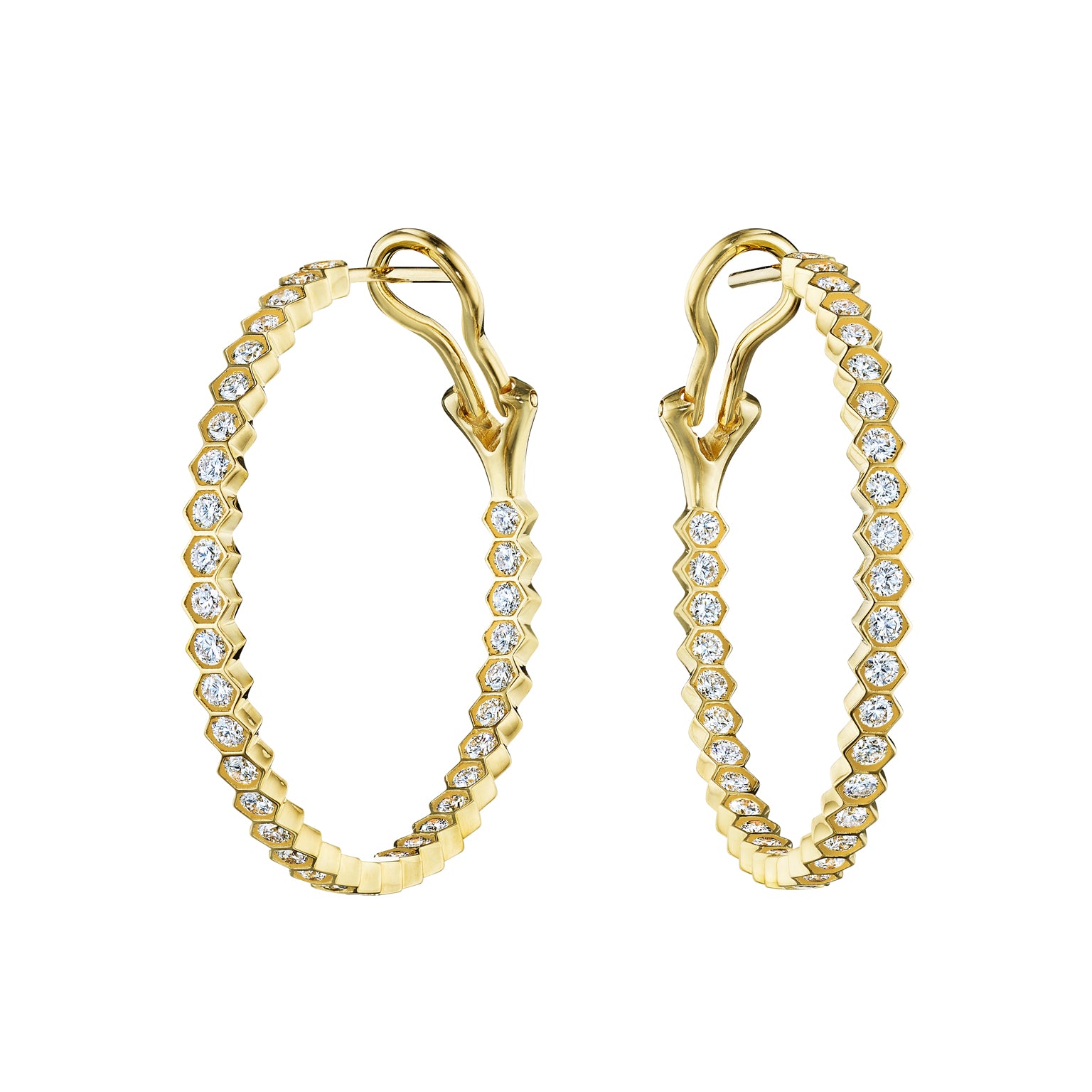 Bezel Set Hexagon Hoops with Round Brilliant Diamonds