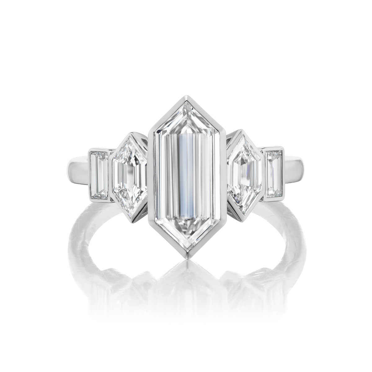 Elongated Hexagon Diamond Engagement Ring with Hexagon and Baguette Side Stones