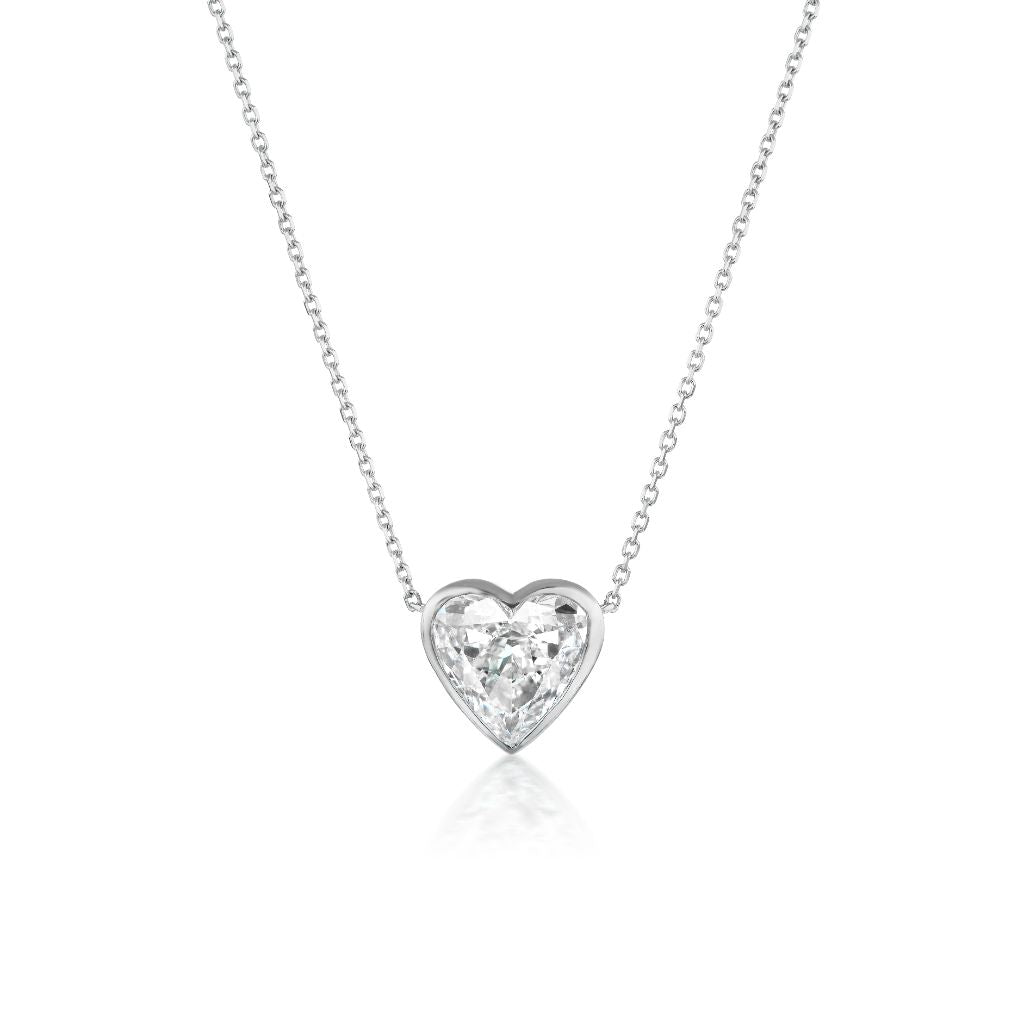 Bezel Set Heart Diamond Solitaire Pendant in White Gold
