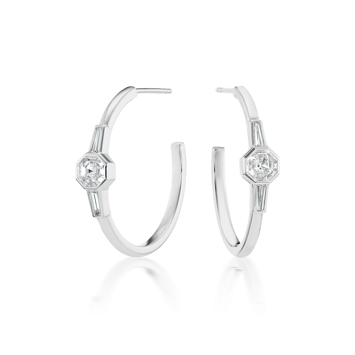 Art Deco Octagon Hoops in White Gold with Asscher and Baguette Cut Diamonds