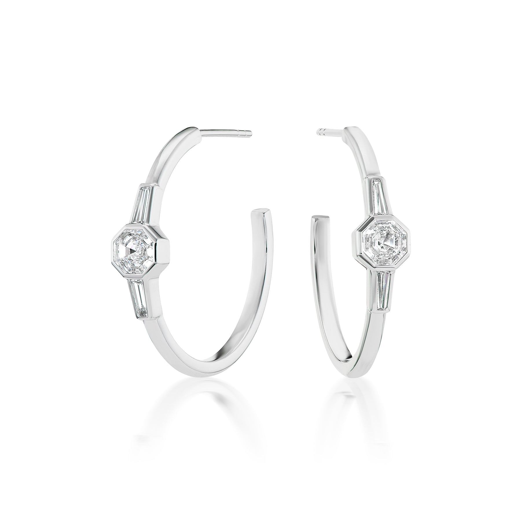 Art Deco Octagon Hoops in White Gold with Asscher and Baguette Cut Diamonds