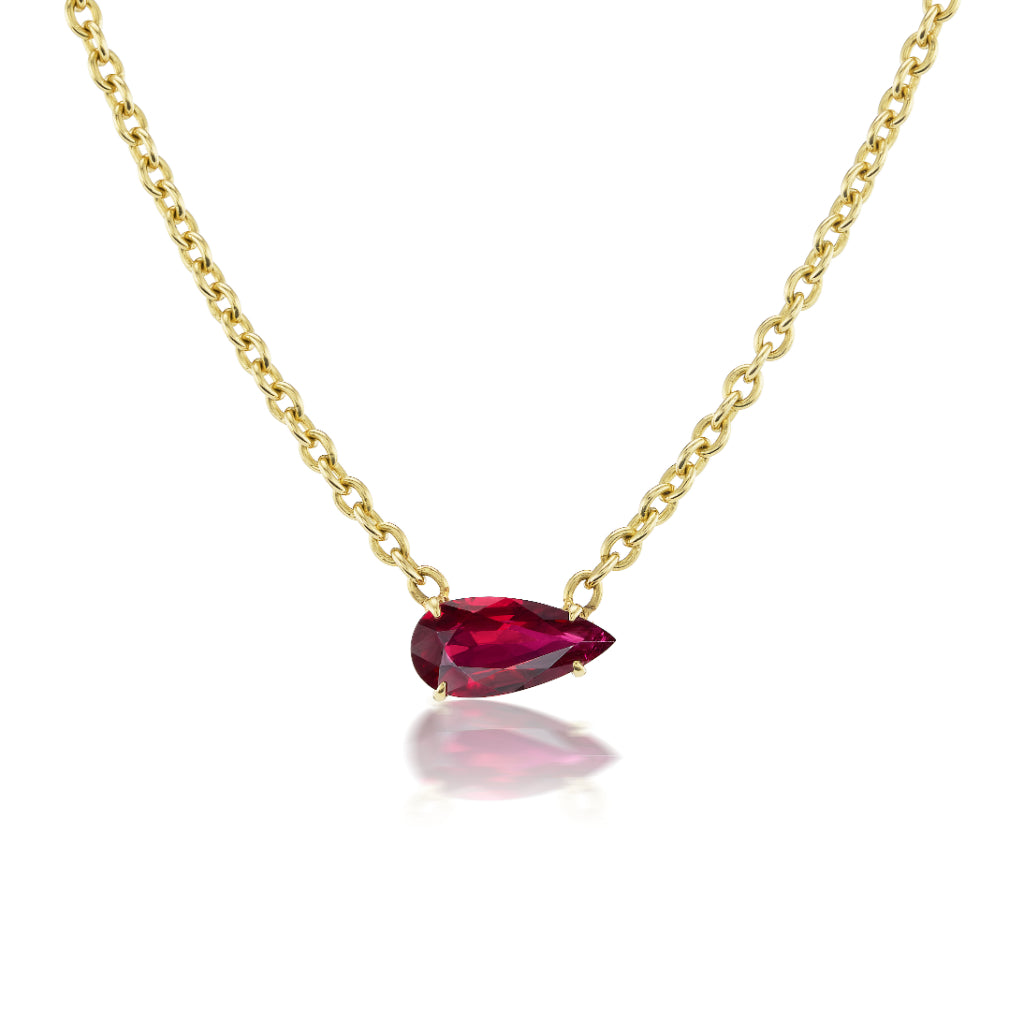 East-West Pear Ruby Solitaire Pendant Necklace