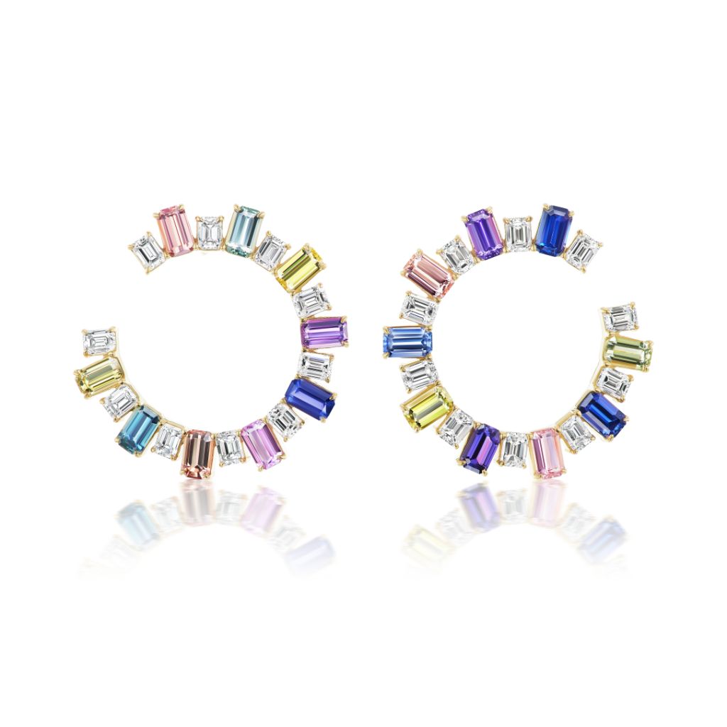 Confetti Front-to-Back Hoops with Emerald Cut Diamonds and Multicolor Sapphires