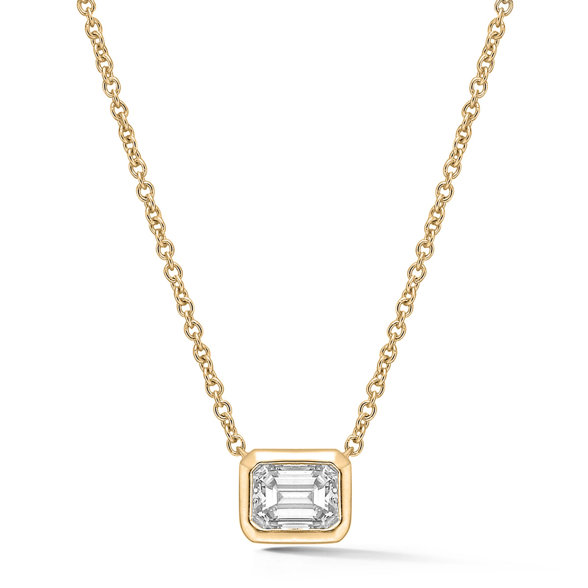 Bezel Set Emerald Cut Diamond Solitaire Pendant in Rose Gold