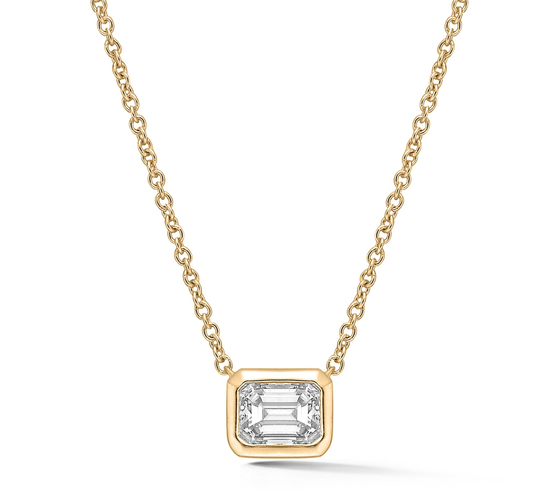Bezel Set Emerald Cut Diamond Solitaire Pendant in Yellow Gold