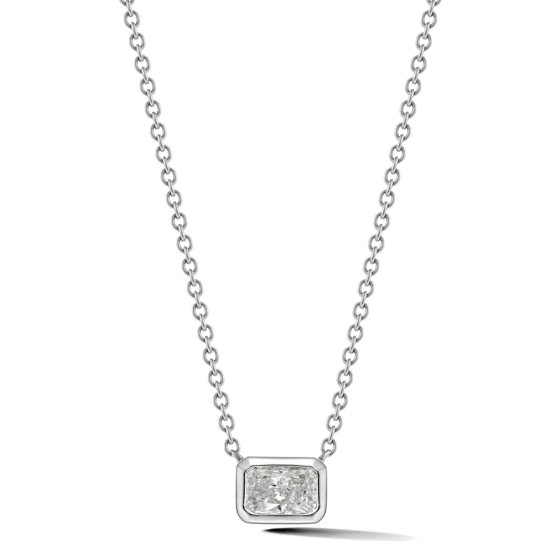 East-West Bezel Set Radiant Cut Diamond Solitaire Pendant in White Gold