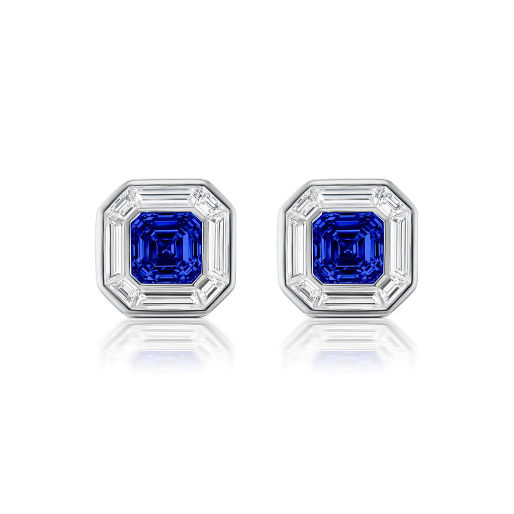 Mosaic Studs in White Gold with Asscher Cut Sapphires and Baguette Diamonds