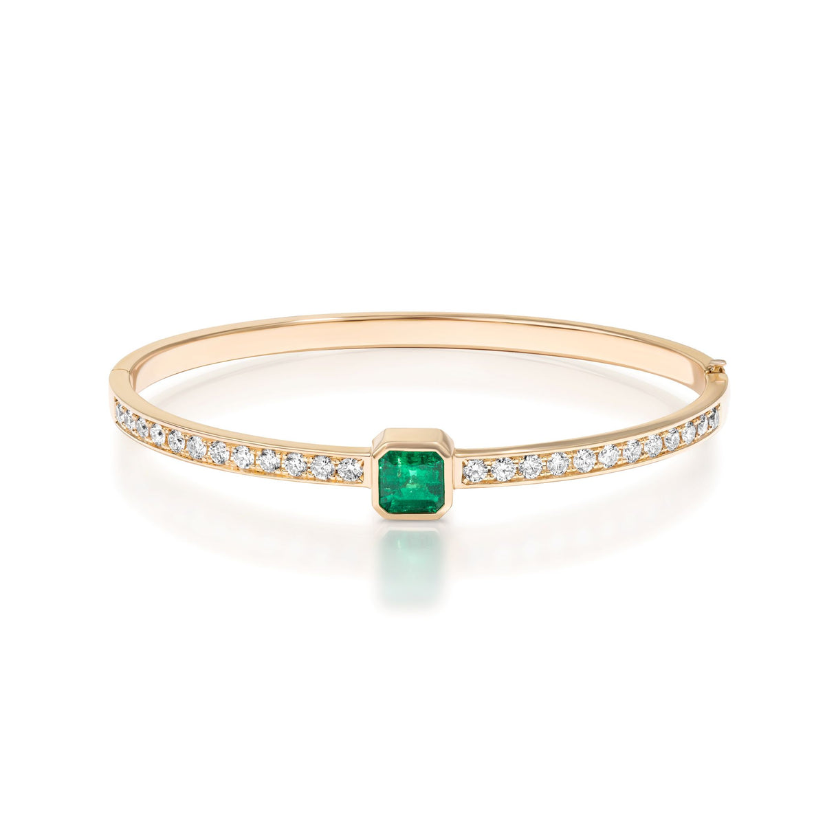Asscher Cut Emerald Pavé Diamond Bangle in Yellow Gold