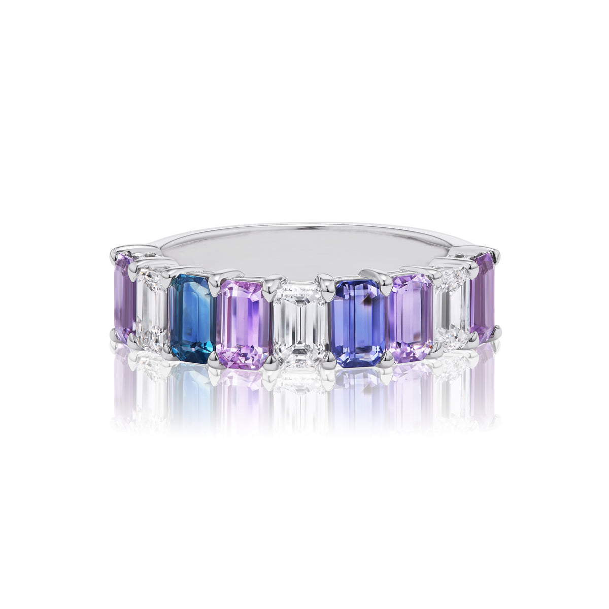 Emerald Cut Half Eternity Band in White Gold with Diamonds and Multicolored Sapphires