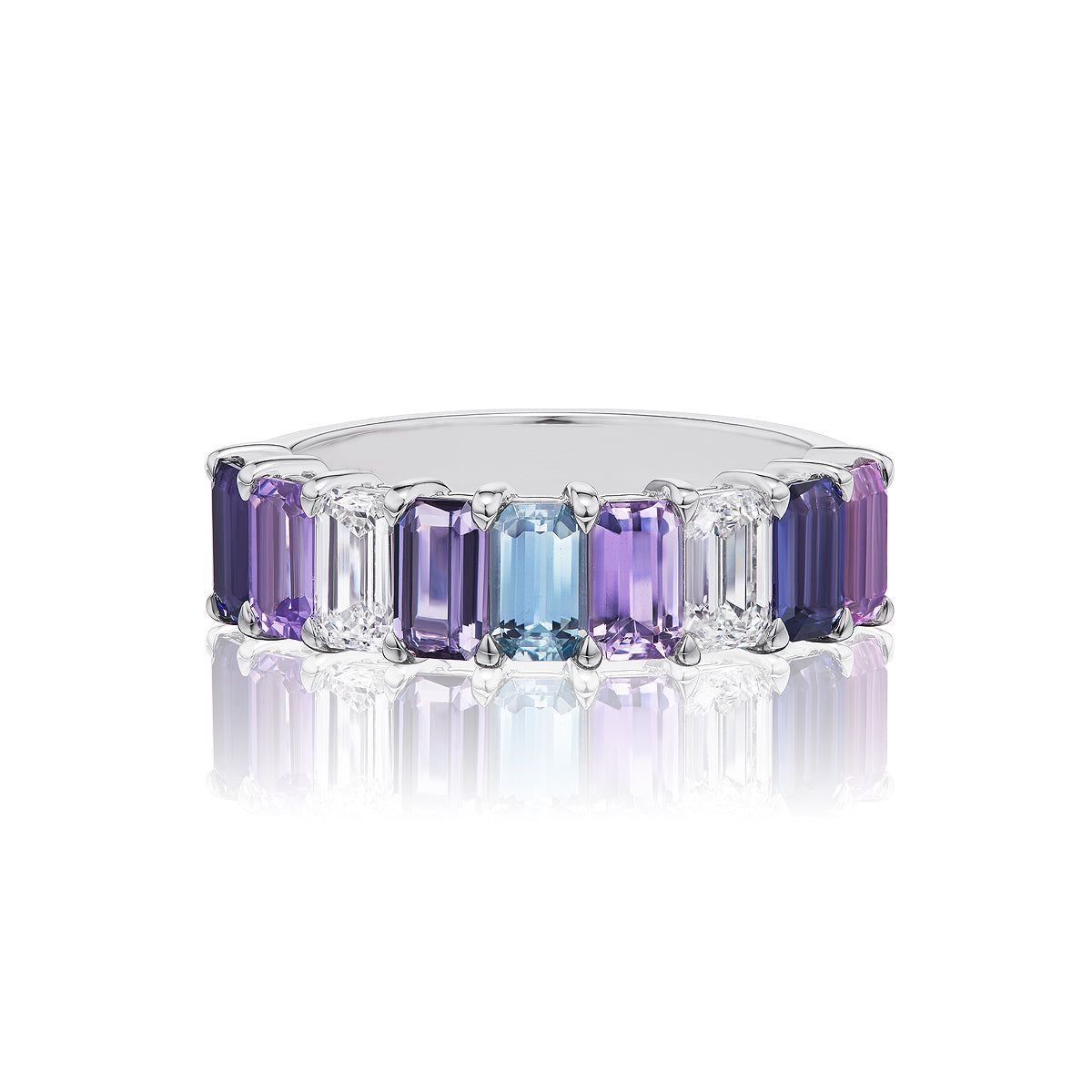Emerald Cut Half Eternity Band in White Gold with Diamonds and Multicolored Sapphires