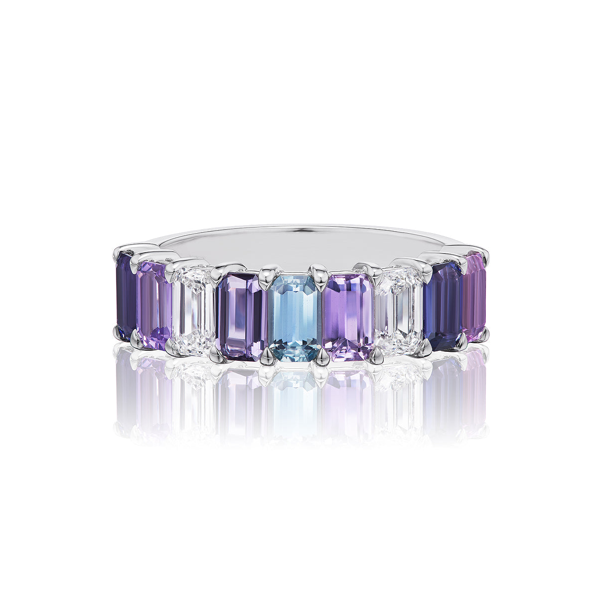 Emerald Cut Half Eternity Band in White Gold with Diamonds and Multicolored Sapphires