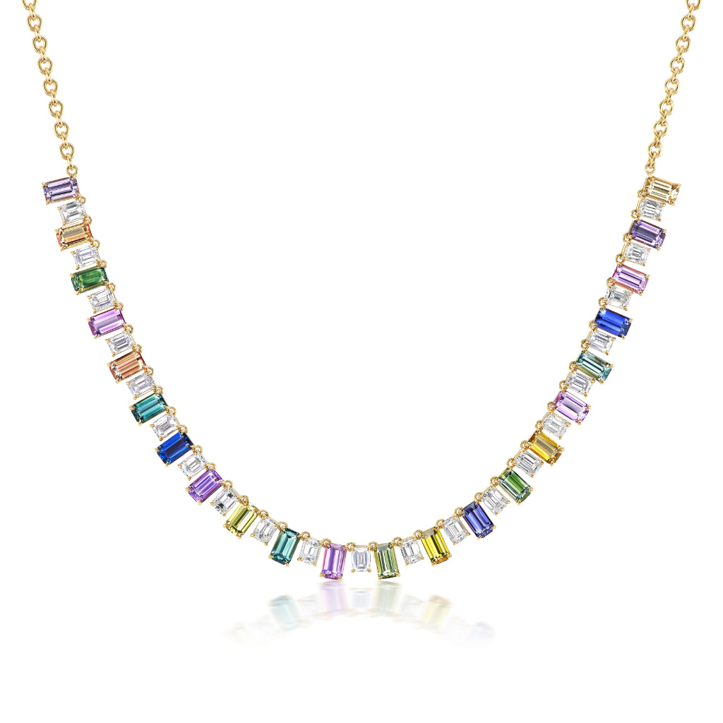 Confetti Necklace in Yellow Gold with Multicolor Emerald Cut Sapphires