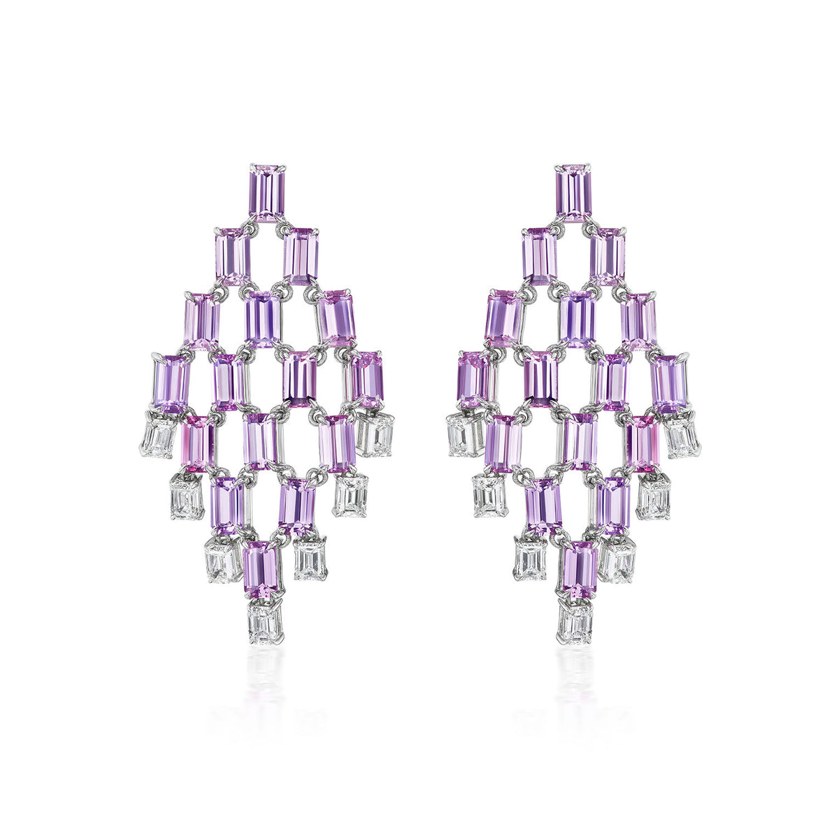 Art Deco Chandelier Earrings in White Gold with Emerald Cut Diamonds and Lavendar Sapphires